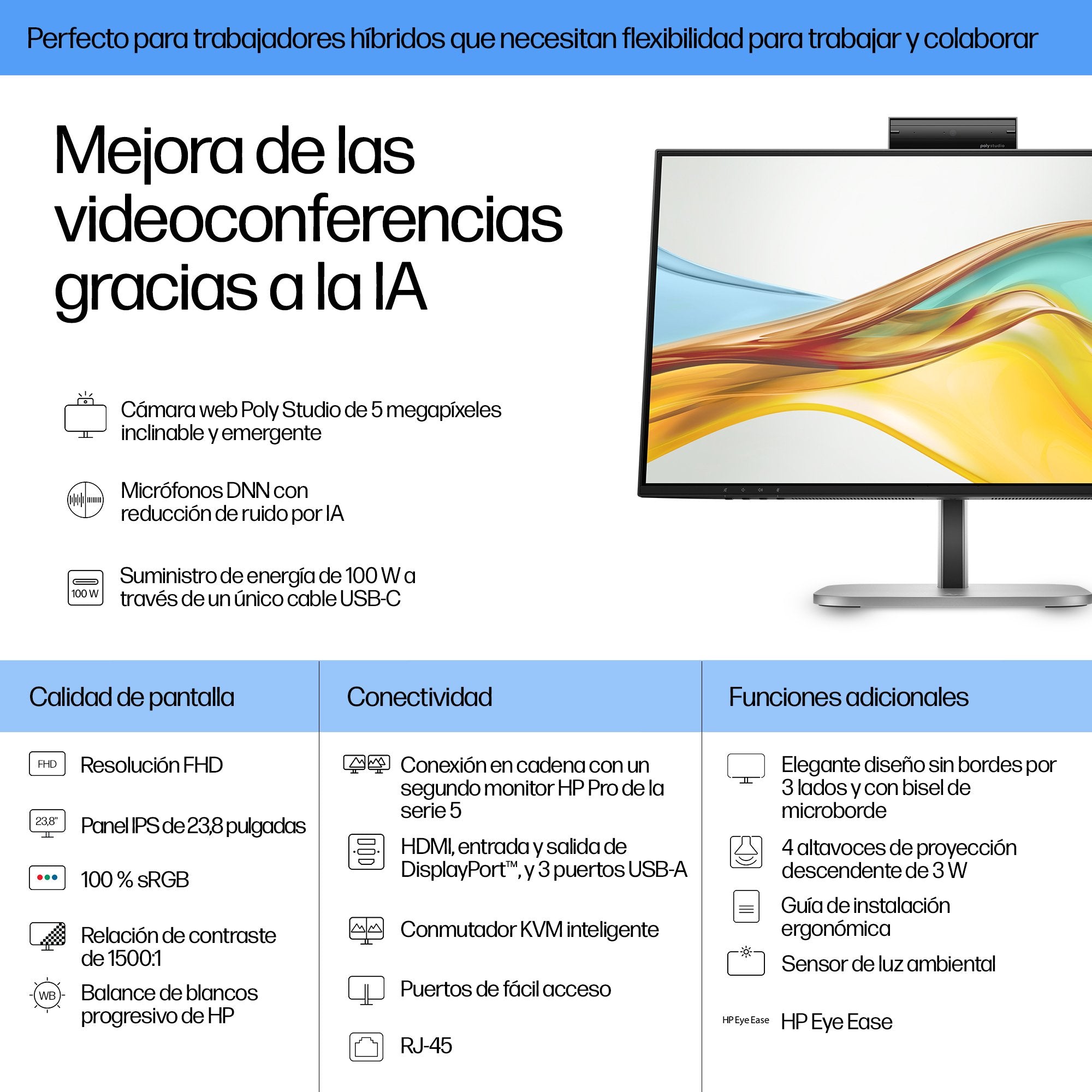 EAN 5715063749494 - HP Series 5 Pro 23.8 inch FHD USB-C Conferencing Monitor pantalla para PC 60,5 cm (23.8") Full HD LCD Neg imagen 3