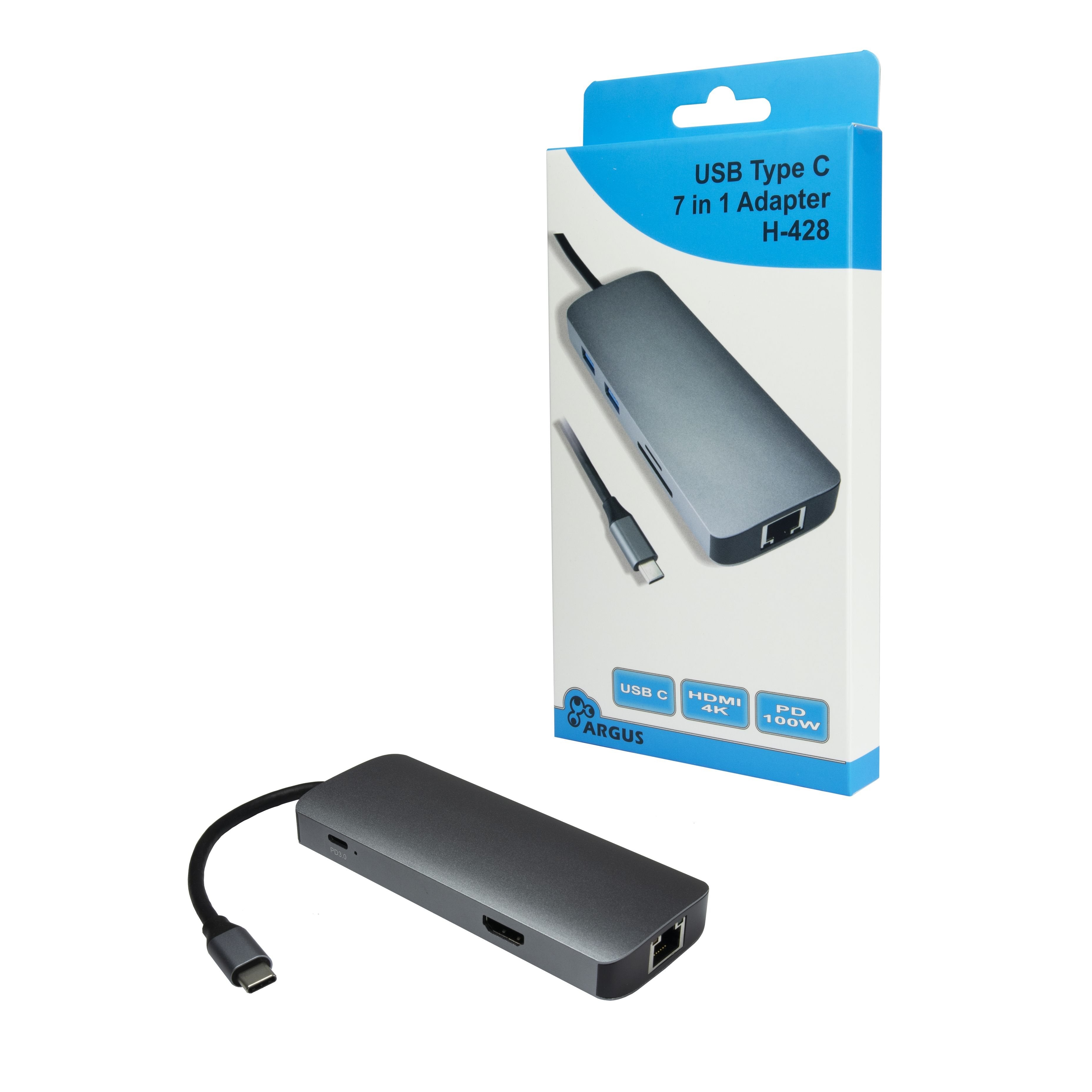 Inter-Tech Adaptador Argus H-428 7in1, Usb C, Hdmi 4k, Pd 100w