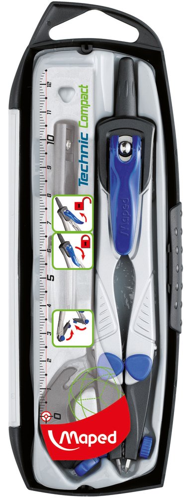 Maped Compás Technic Compact Con Adaptador, Estuche De Minas, Afilaminas Y Regla Estuche De 4 Piezas