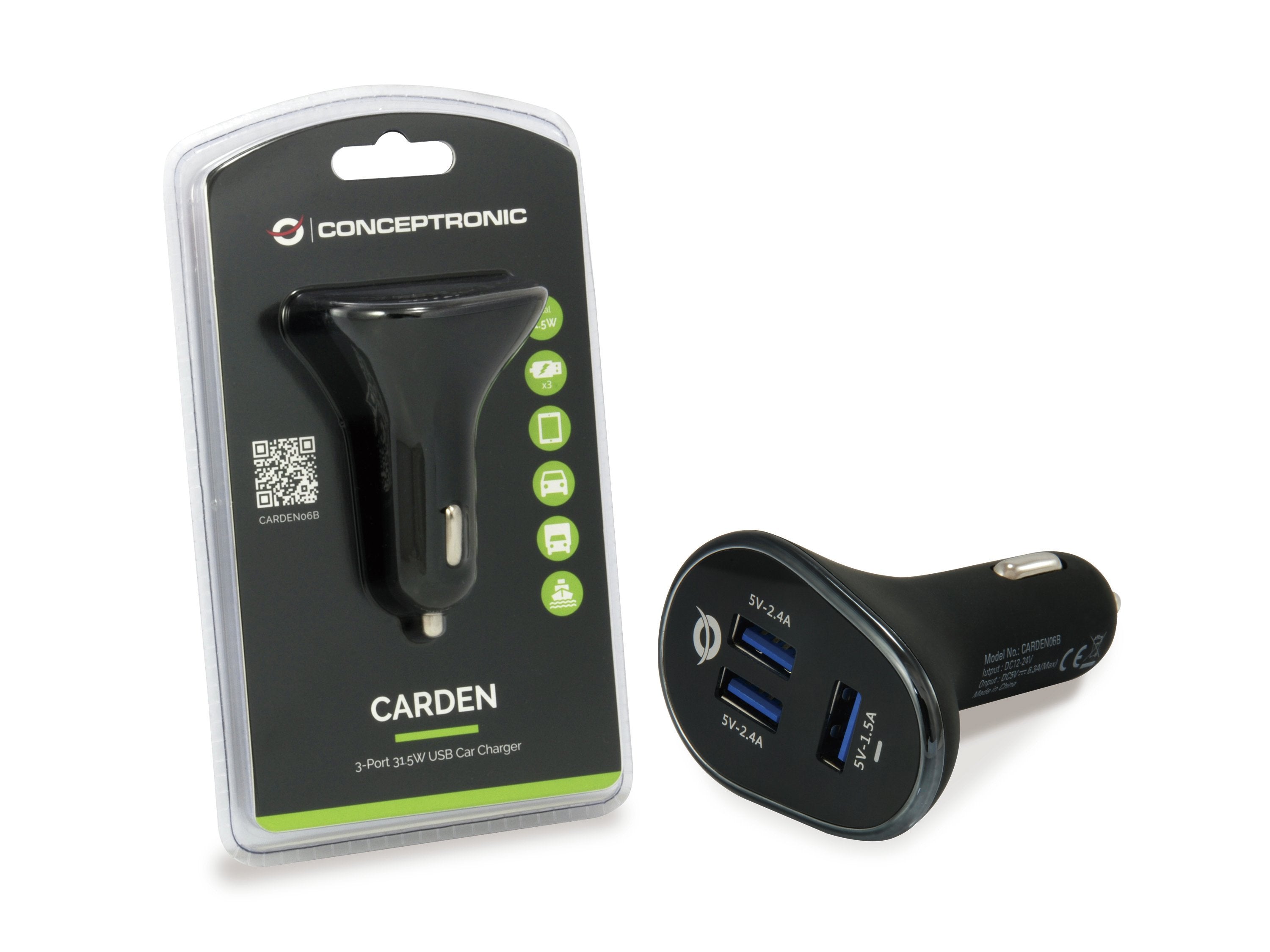 Cargador Coche Conceptronic Carden06b  3 Puertos Usb A ( 2 P 5v/2.4a   1p 5v/1.5a ) 31.5w