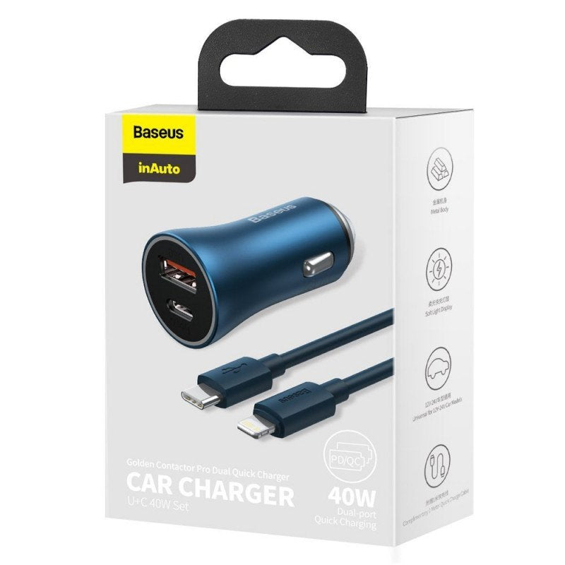 Ladowarka Samochodowa Baseus Golden Contactor Pro, Usb + Usb-C, Qc4.0+, Pd, Scp, 40w (Niebieska) + Kabel Usb-C Do Lightning 1m (Niebieski)