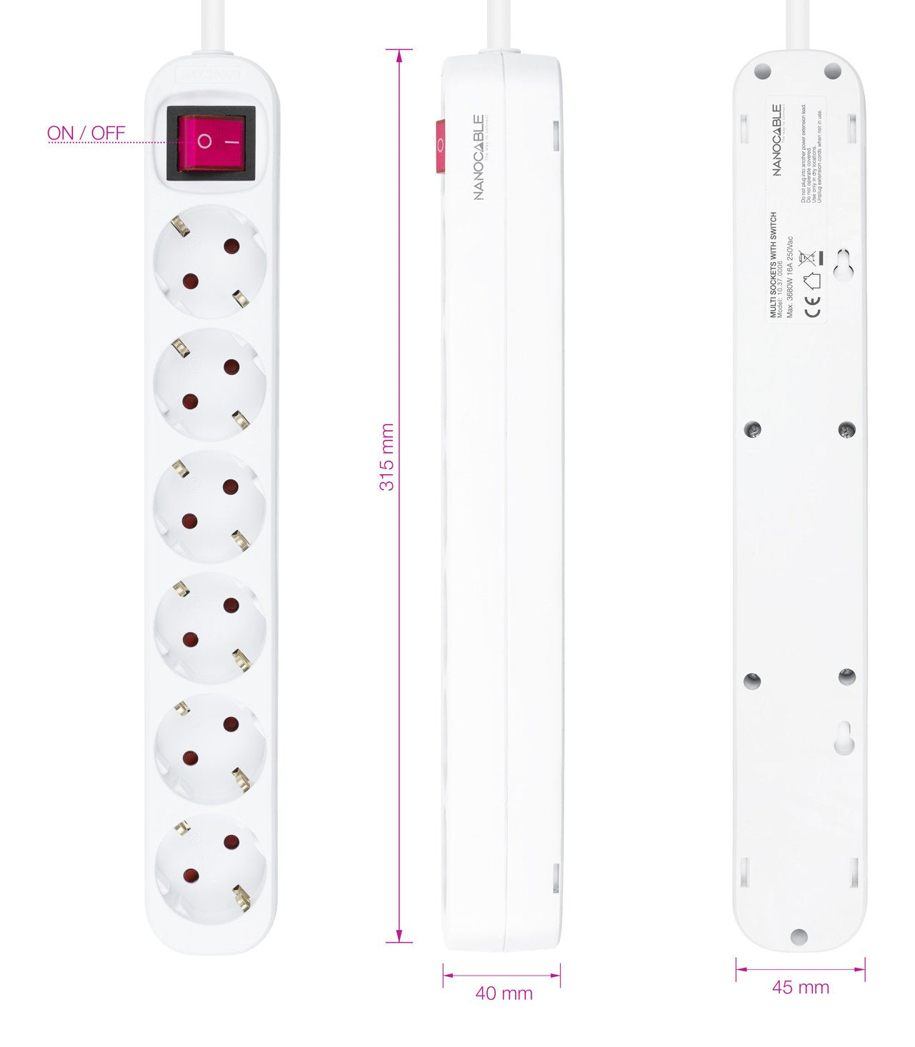 Nanocable Regleta De Proteccion Con 6 Shuckos - Cable De 1.40m - Interruptor On/Off - Blanco