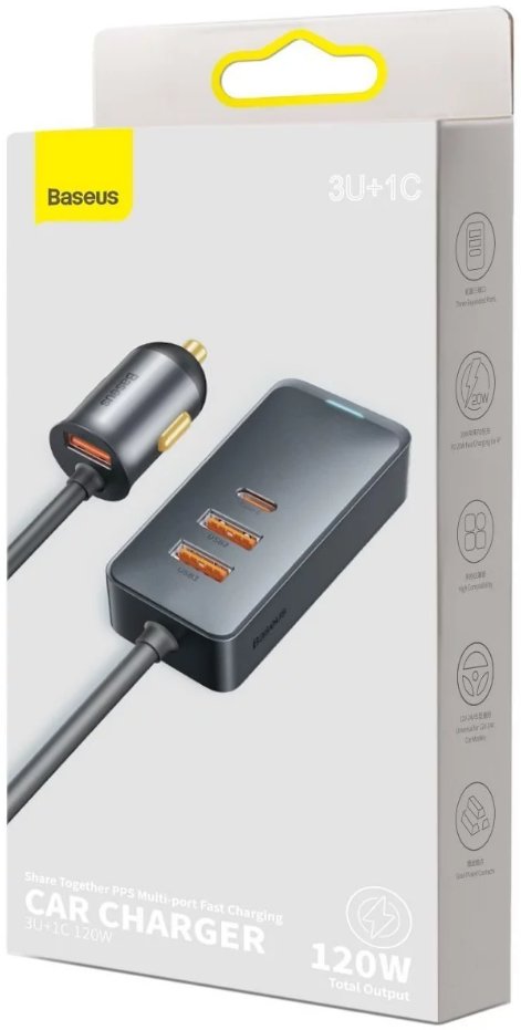 Baseus Rychlo Nabíjecka Do Auta S ProdluOvacím Kabelem 3x Usb-A, 1x Type-C 120w Edá