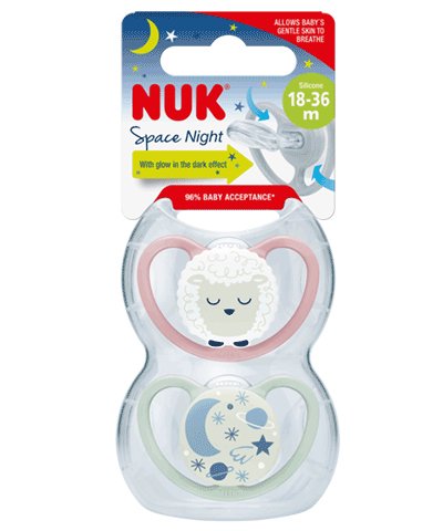 Nuk Space Night Silikon-Schnuller 0-6m, 2 M, Azul Mint