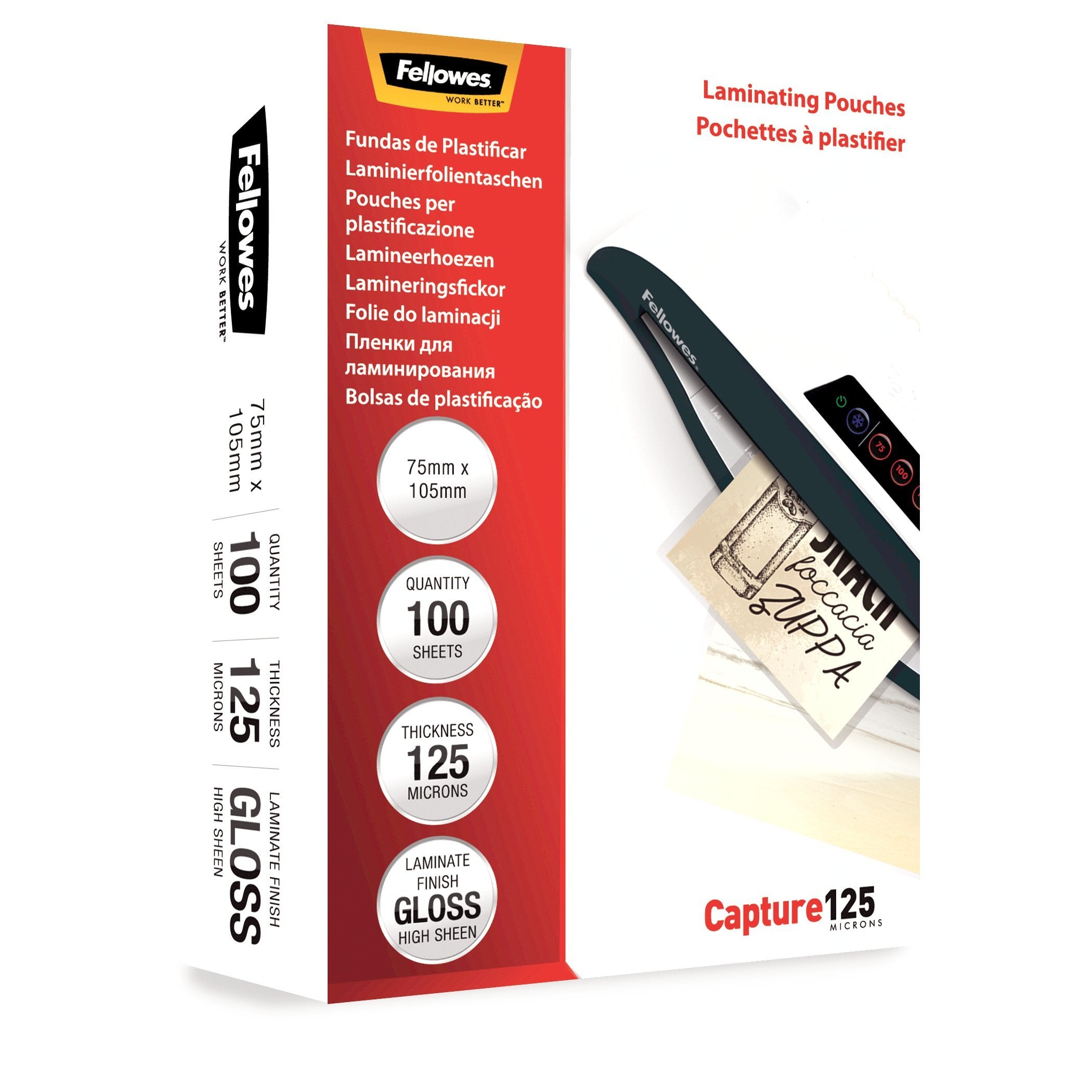 Fellowes Pack De 100 Fundas Para Plastificar Brillo Para Tarjetas 75 X 105mm - 125 Micras - Alta Calidad - Transparente