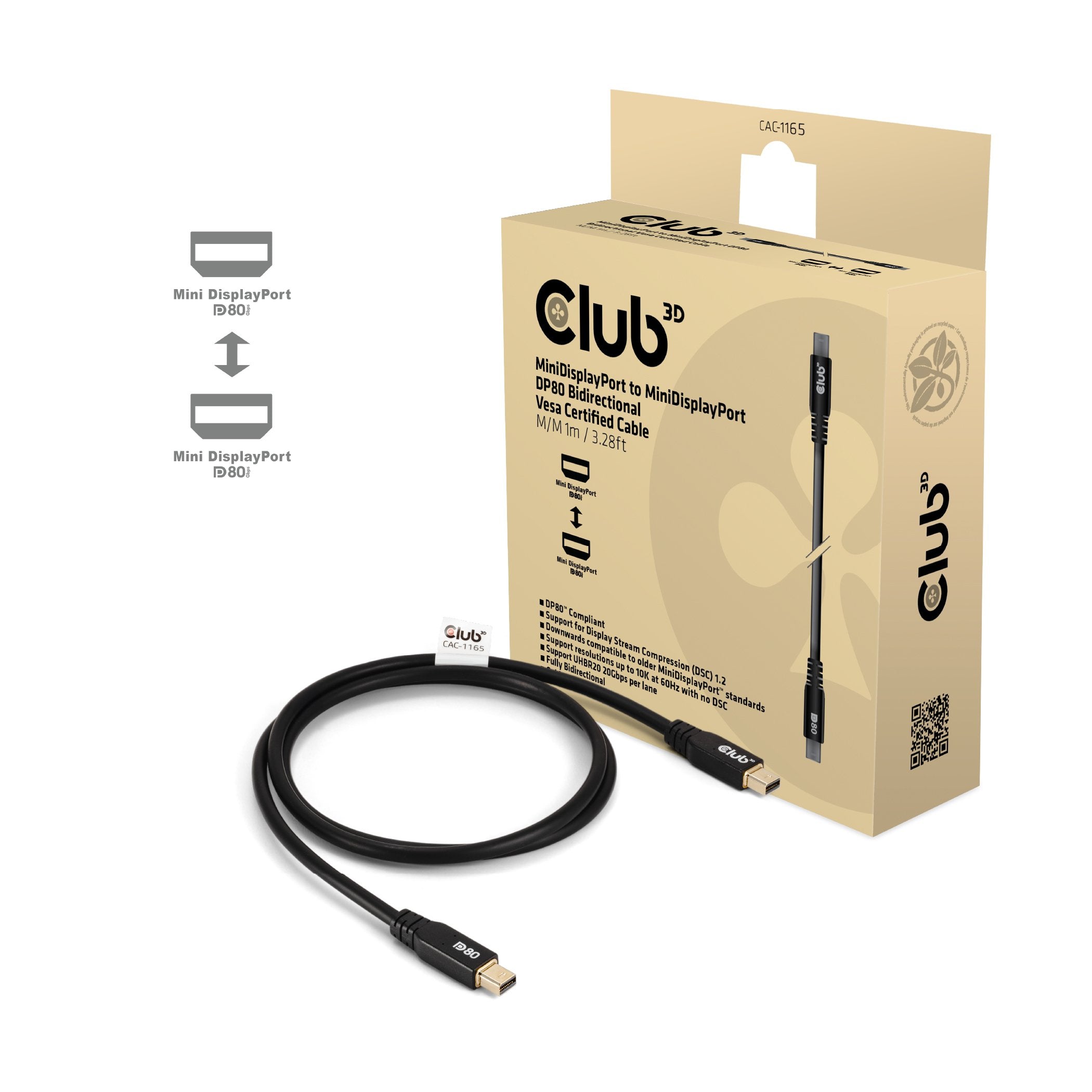 EAN 8719214473143 - CLUB3D MINIDISPLAYPORT TO MINIDISPLAYPORT DP80BIDIRECTIONAL VESA CERTIFIED CABLE 1M/3.28 FT - Kabel imagen 1