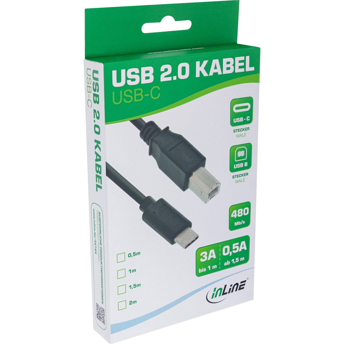 Cable Inline Usb 2.0, Tipo C Macho A B Macho, Negro, 1,5 M