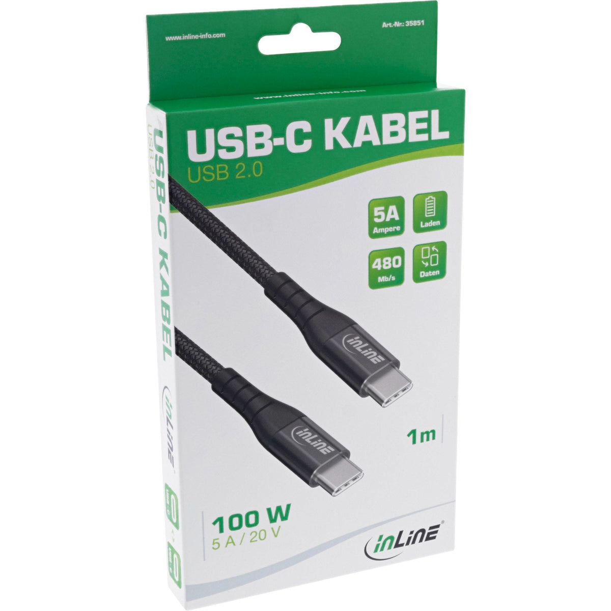 Inline® Usb 2.0 Cable, Usb-C 100w Quick Charger Cable, Textile Black, 2m