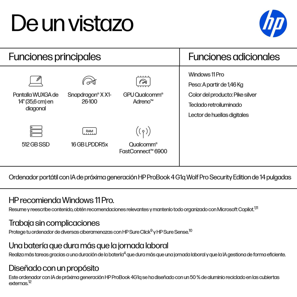 EAN 0199764324726 - HP ProBook 4 G1q Notebook Next Gen AI Wolf Pro Security Edition Copilot+ PC Snapdragon X1-26-100 Portátil imagen 3