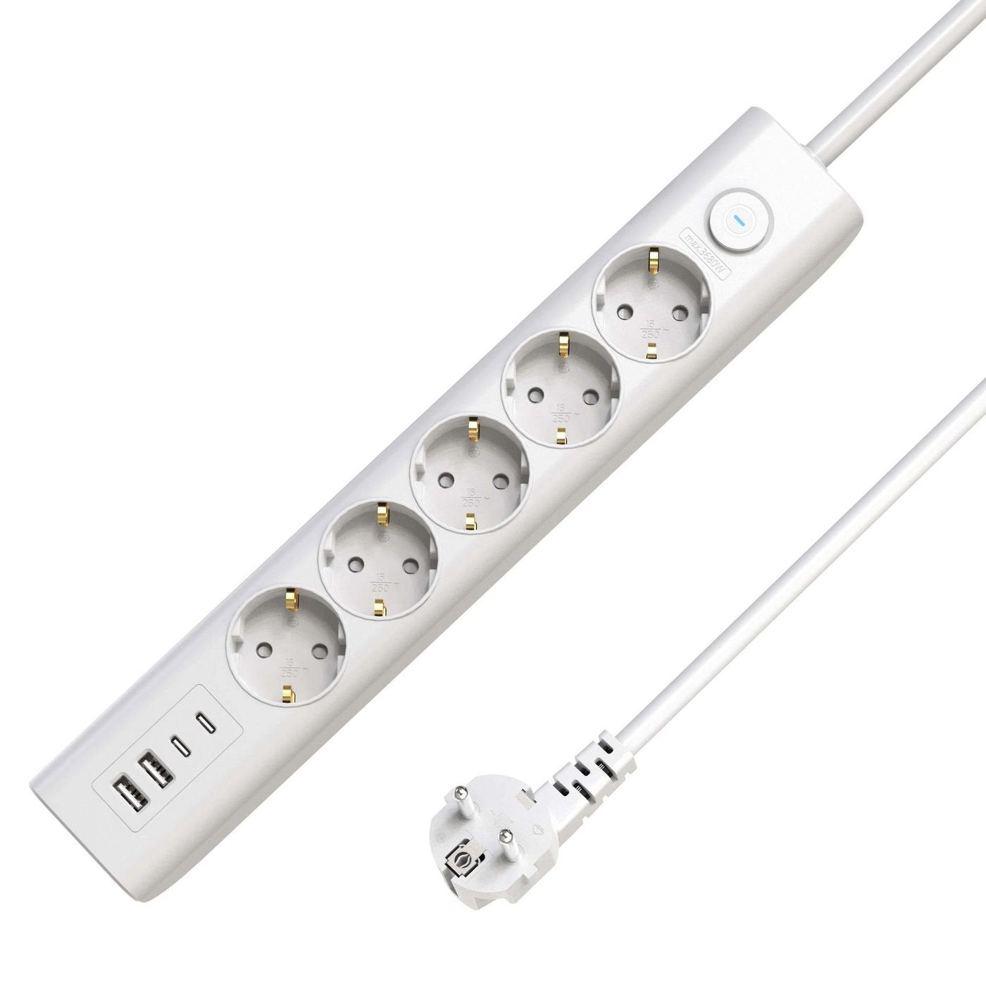 5-Way Usb Schuko Power Strip  On/Off Switch 1.5m, White