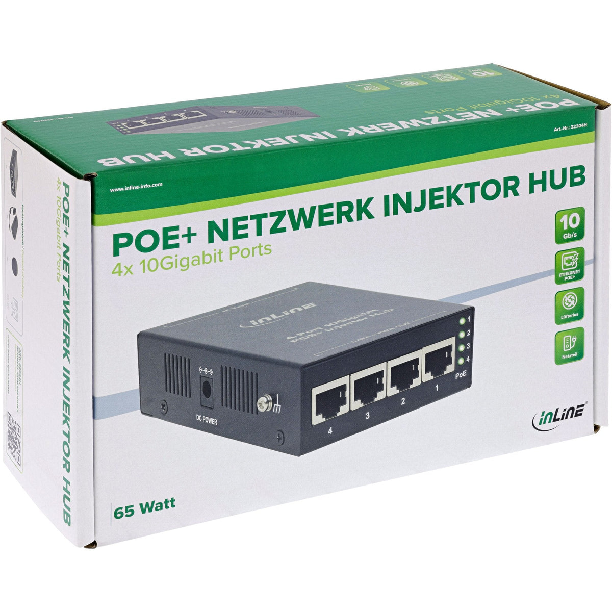 Inyector Y Hub Poe+ De 10 Gigabit Con 4 Puertos (4x Poe+), 10 Gb/S, 65w Carcasa Metálica Y Sin Ventilador. Inline®