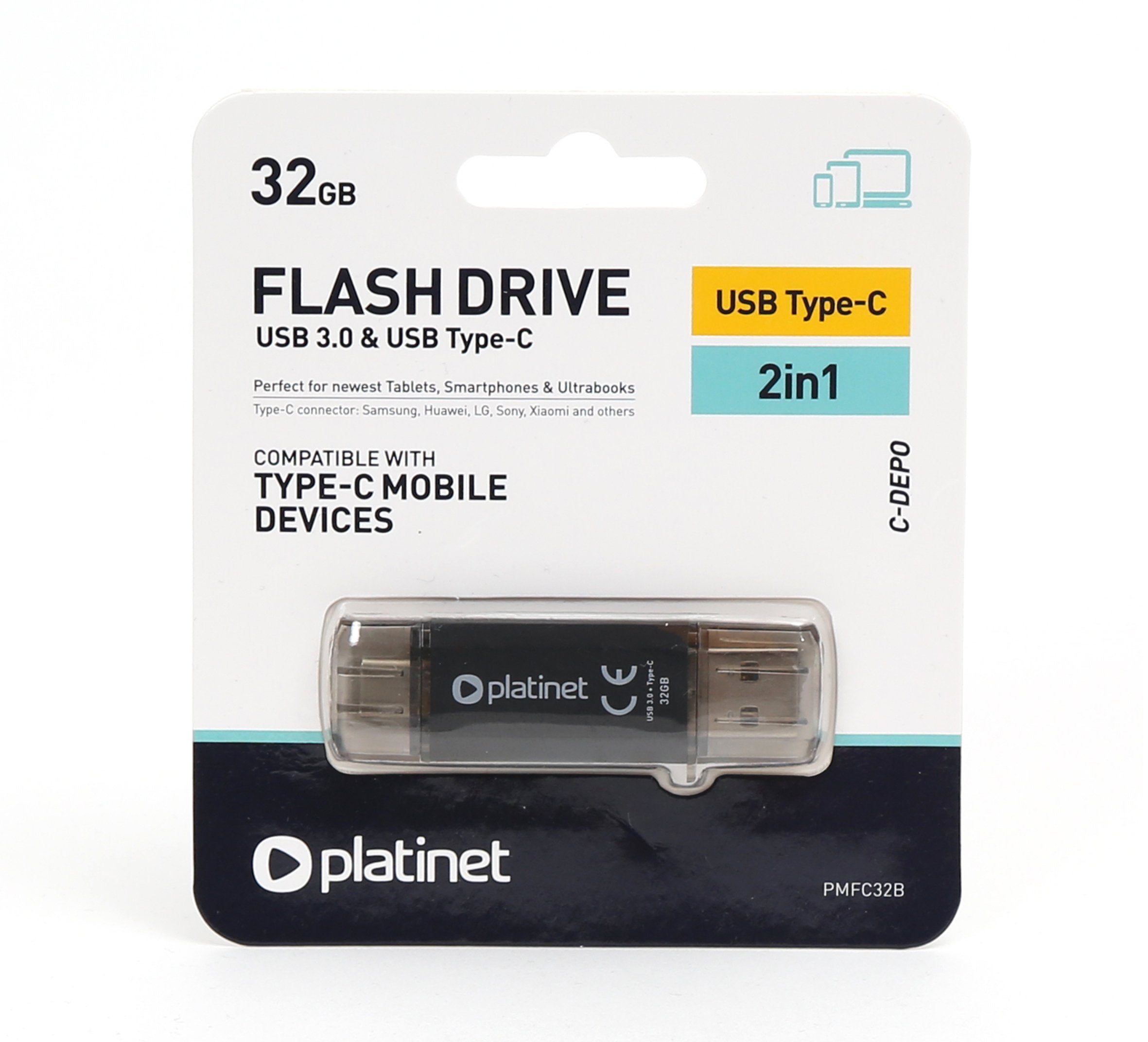 Pendrive Platinet Usb 3.0 2en1 Usb+Type-C 32gb Negro