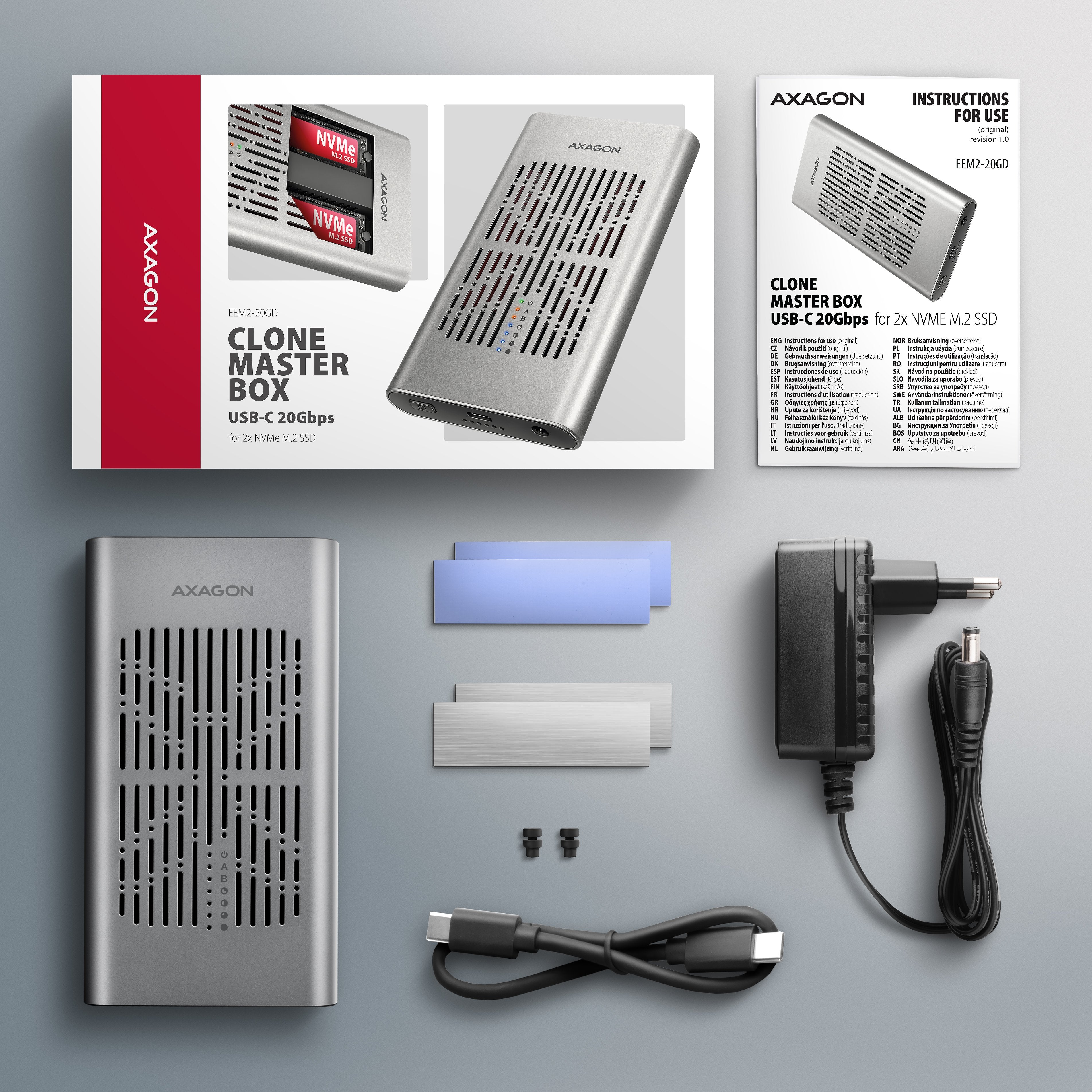 Eem2-20gd Carcasa Externa De Aluminio Usb-C 3.2 Gen2x2, Ssd Nvme M.2 Dual De 20 Gb/S, Clone Master