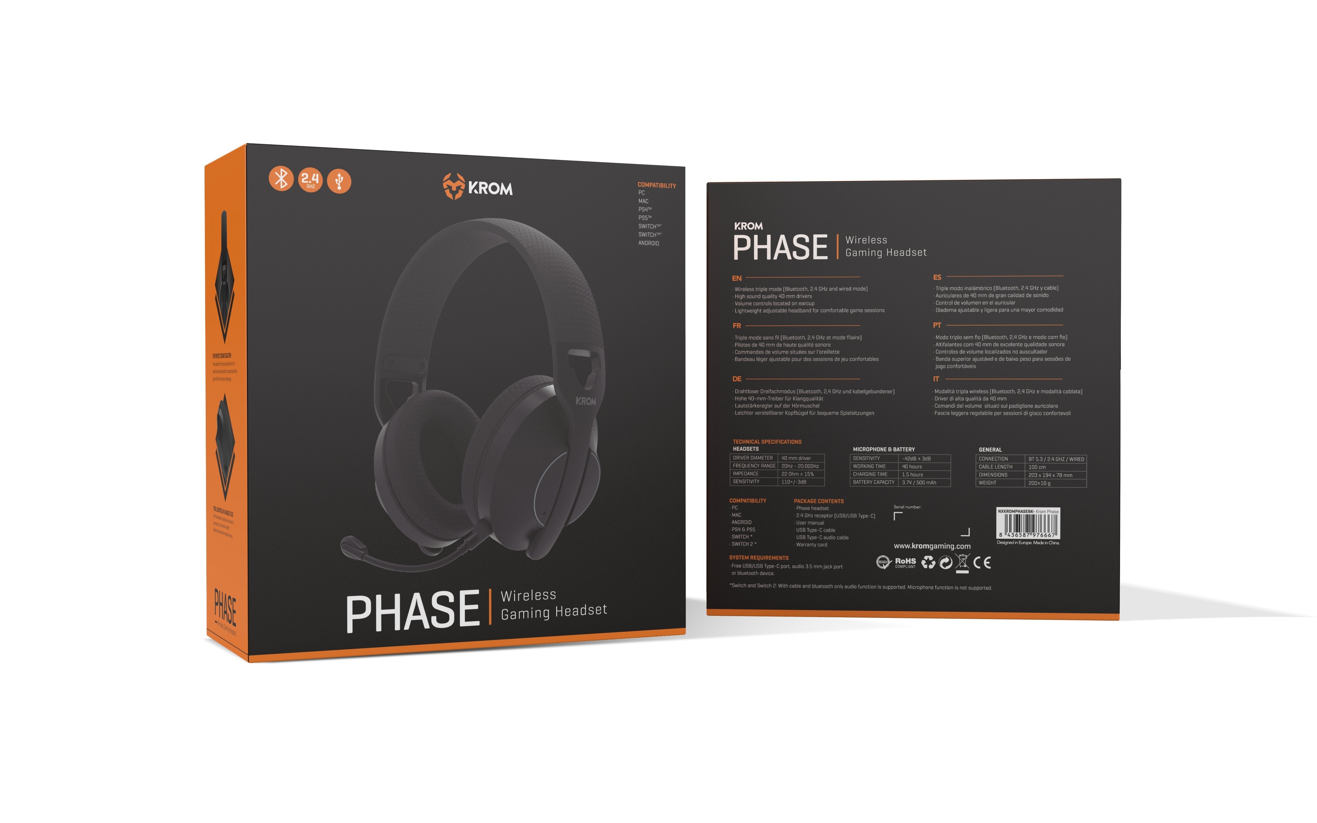 Auriculares Gaming Inalámbricos Con Micrófono Krom Phase Bluetooth Jack 3.5 Usb 2.0 Negros
