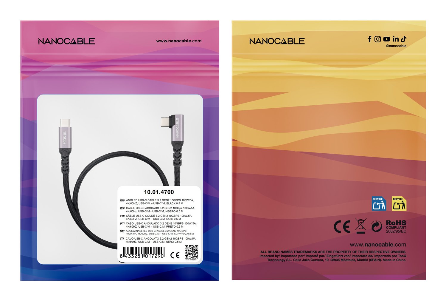 Cable Usb-C Acodado M/M 3.2 Gen2 100w 4k/60hz 0.5m