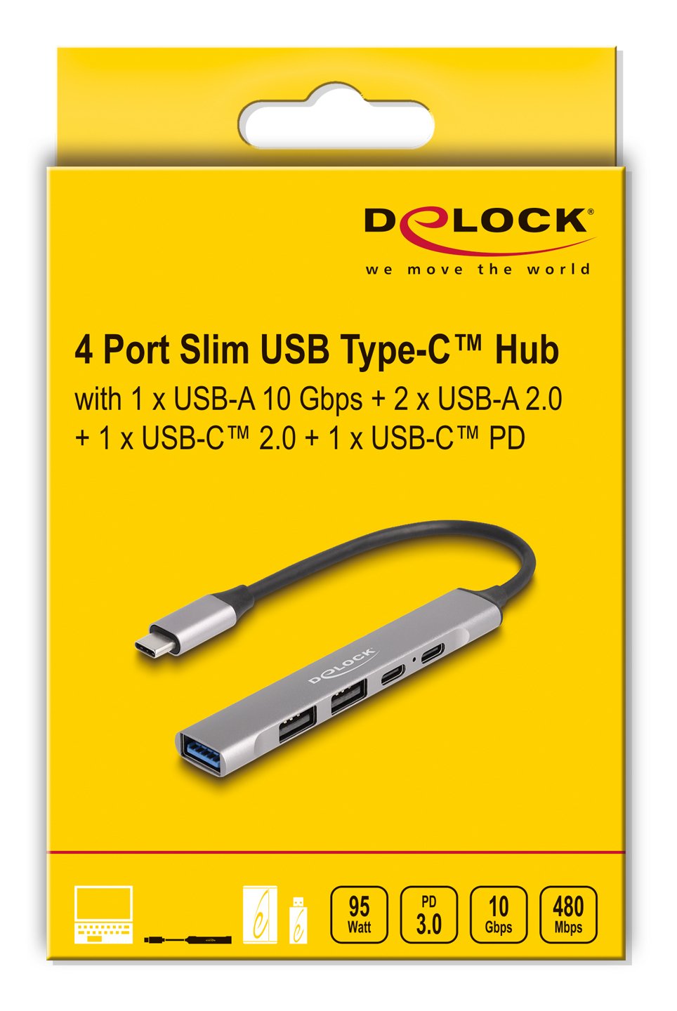 Delock 4 Port Slim Usb Tipo-C Hub Con 1 X Usb 10 Gbps Typ-A + 2 X Usb 2.0 Typ-A
