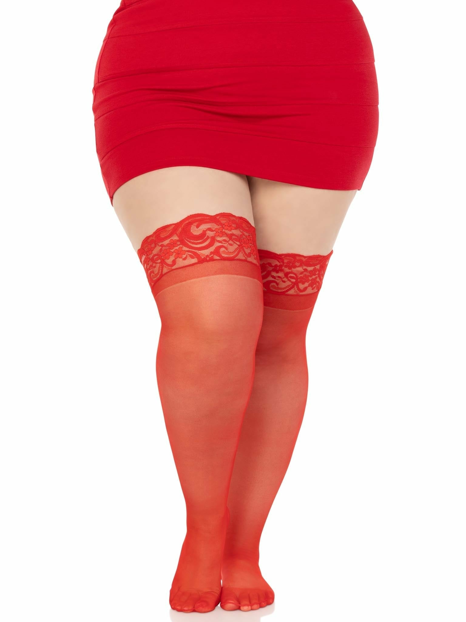 Leg Avenue Medias Rojas Con Encaje Autoadhesivas Talla Plus
