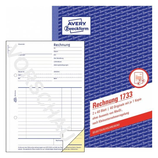 Avery Zweckform Formularbuch Rechnung Para Kleinunternehmer Sin Mwst.-Ausweis Din A5 2x 40 - Material De Oficina - A5