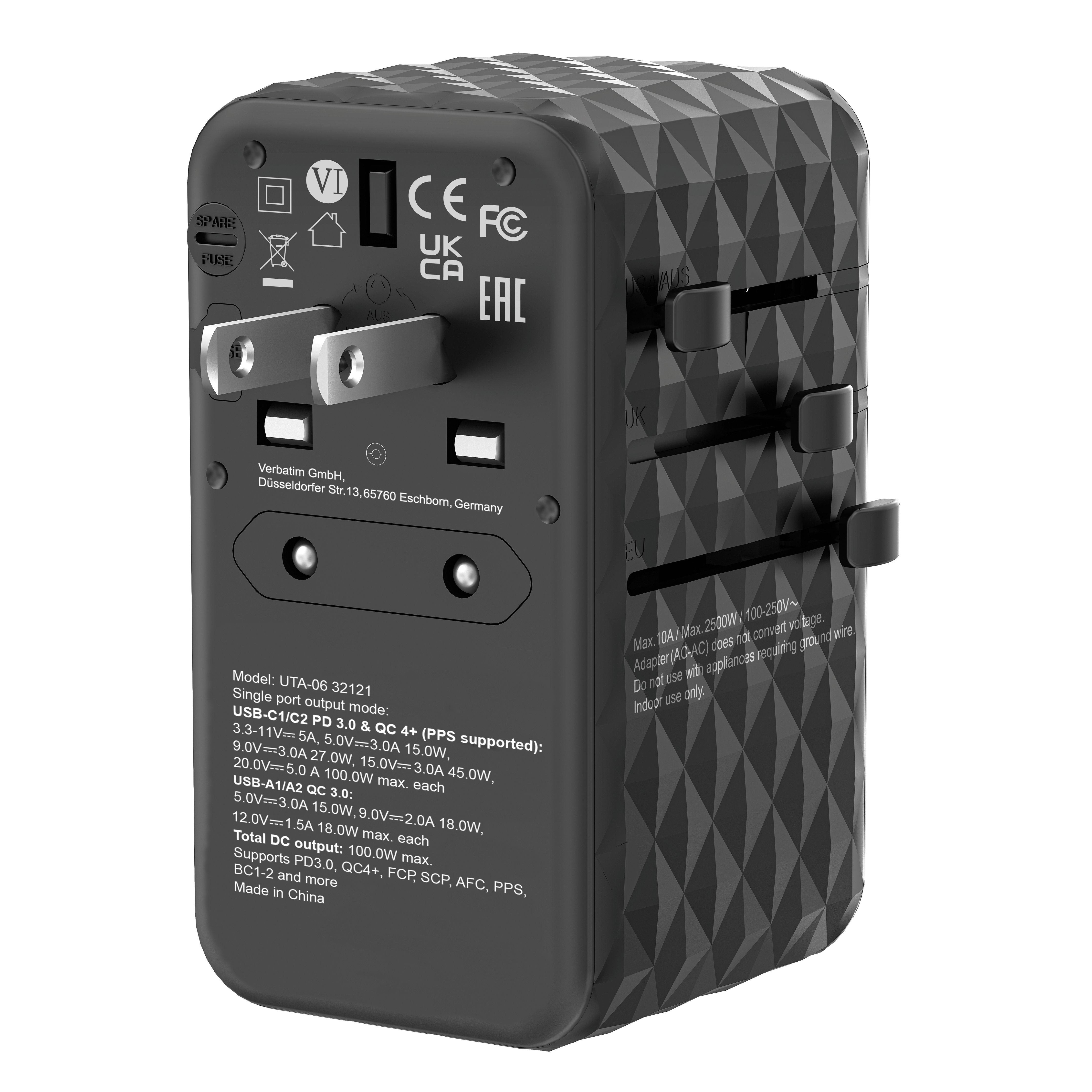 Cargador De Pared Universal Verbatim Uta-06 Gan Iii Toma De Corriente Universal 2xusb Tipo-C 2xusb 100w