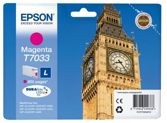 Tinta Original Epson T7033 Tamaño L Magenta Original Blister  Para Workforce Pro Wp-4015, Wp-4025, Wp-4095, Wp-4515, Wp-4525, Wp-4535, Wp-4545, Wp-4595