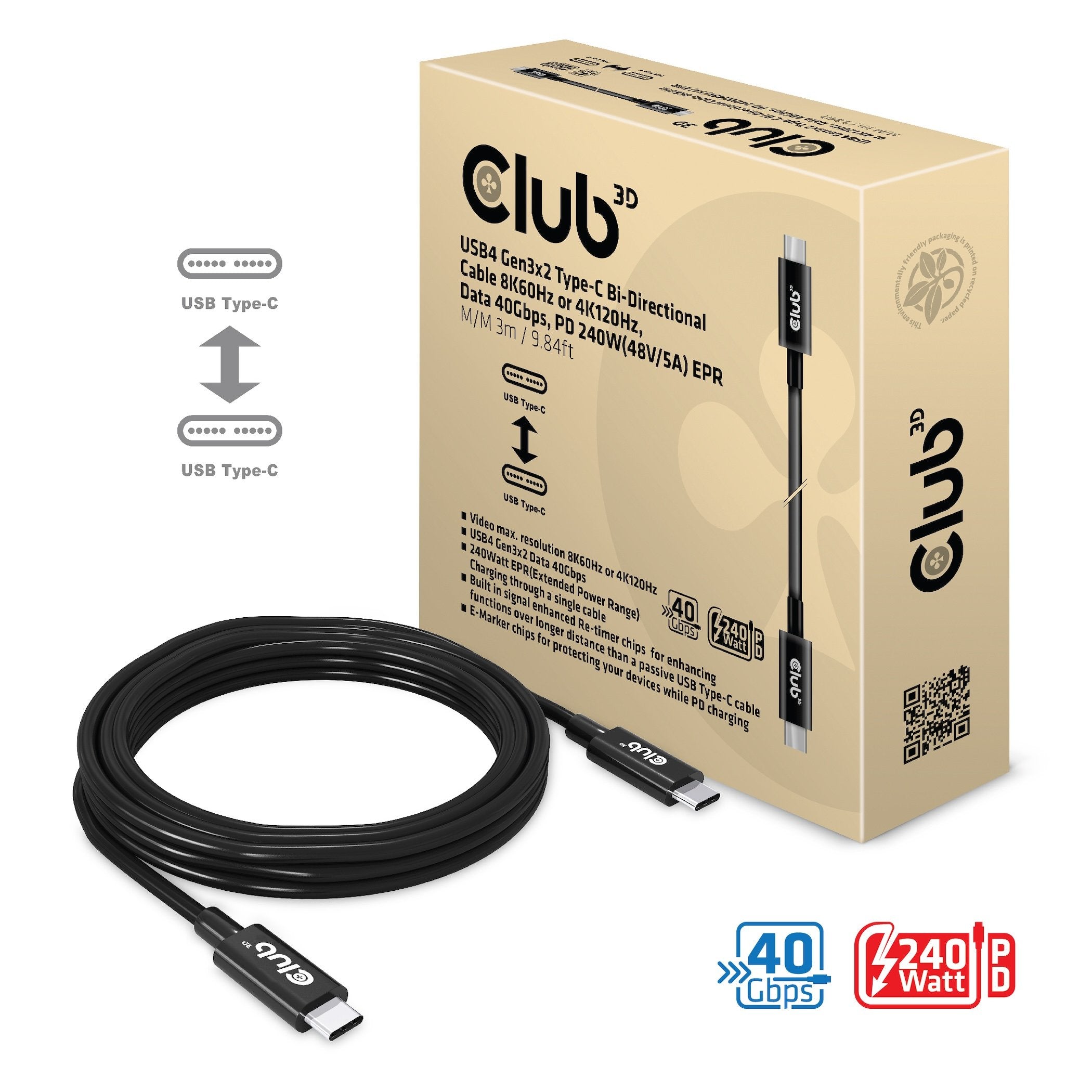 Club3d Cable Usb 4 Typ C Pd 240w 8k 40gbps 3m M M Retail