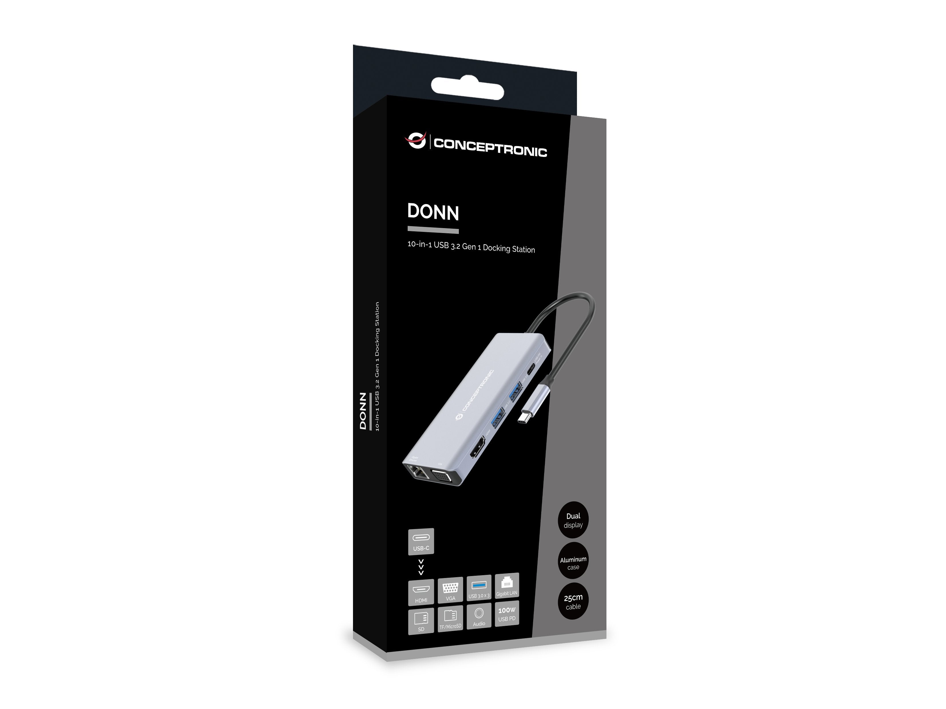 Dock Usb-C 10in1 Conceptronic Hdmi Vga Usb 3.0 Usb-A Audio Lan Gigabit Lector De Tarjetas Usb-C Pd 100w