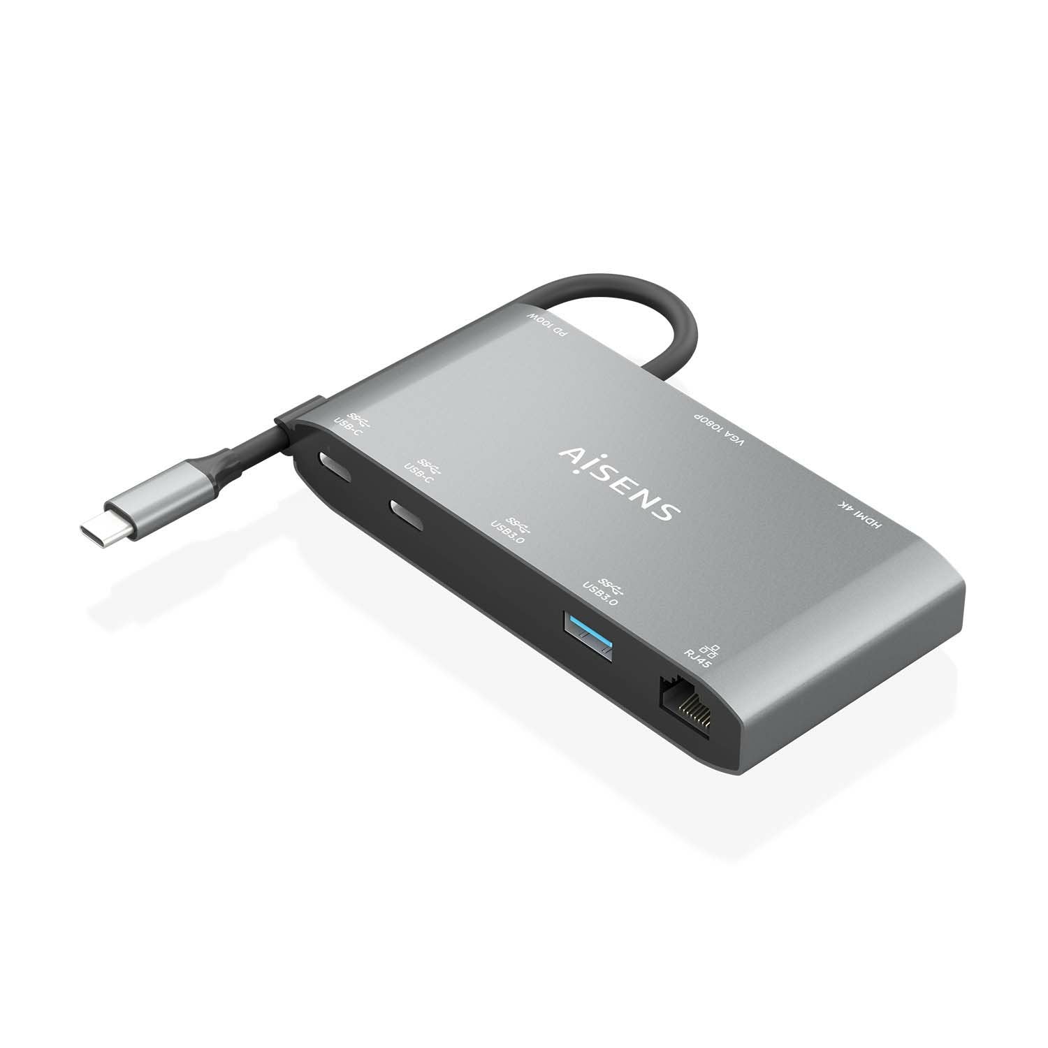 Aisens Usb-C Dock 8 En 1 - Usb-C A 1xhdmi - 1xvga - 1xrj45 - 2xusb-A - 2xusb-C 5g - 1xusb-C Pd - 20cm - Gris
