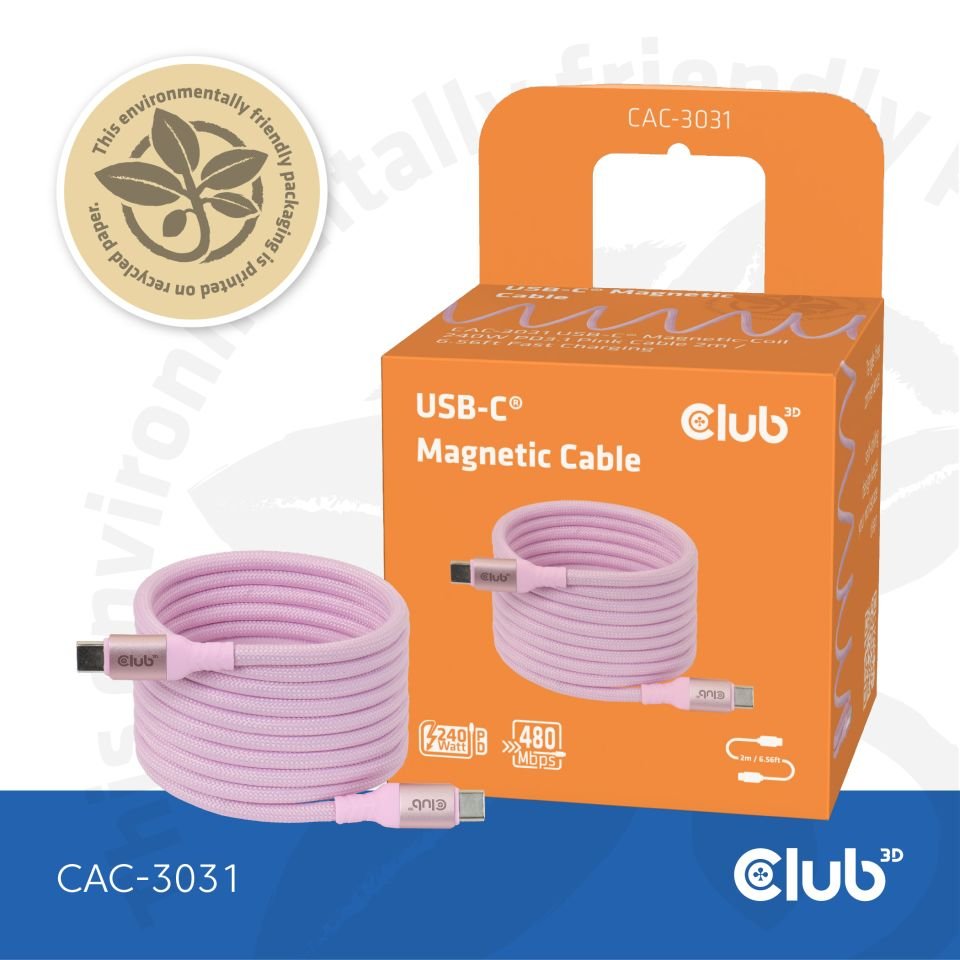 Club3d Lifemyle Usb-C Magnetisches Cable 240w 2m Rosa M M