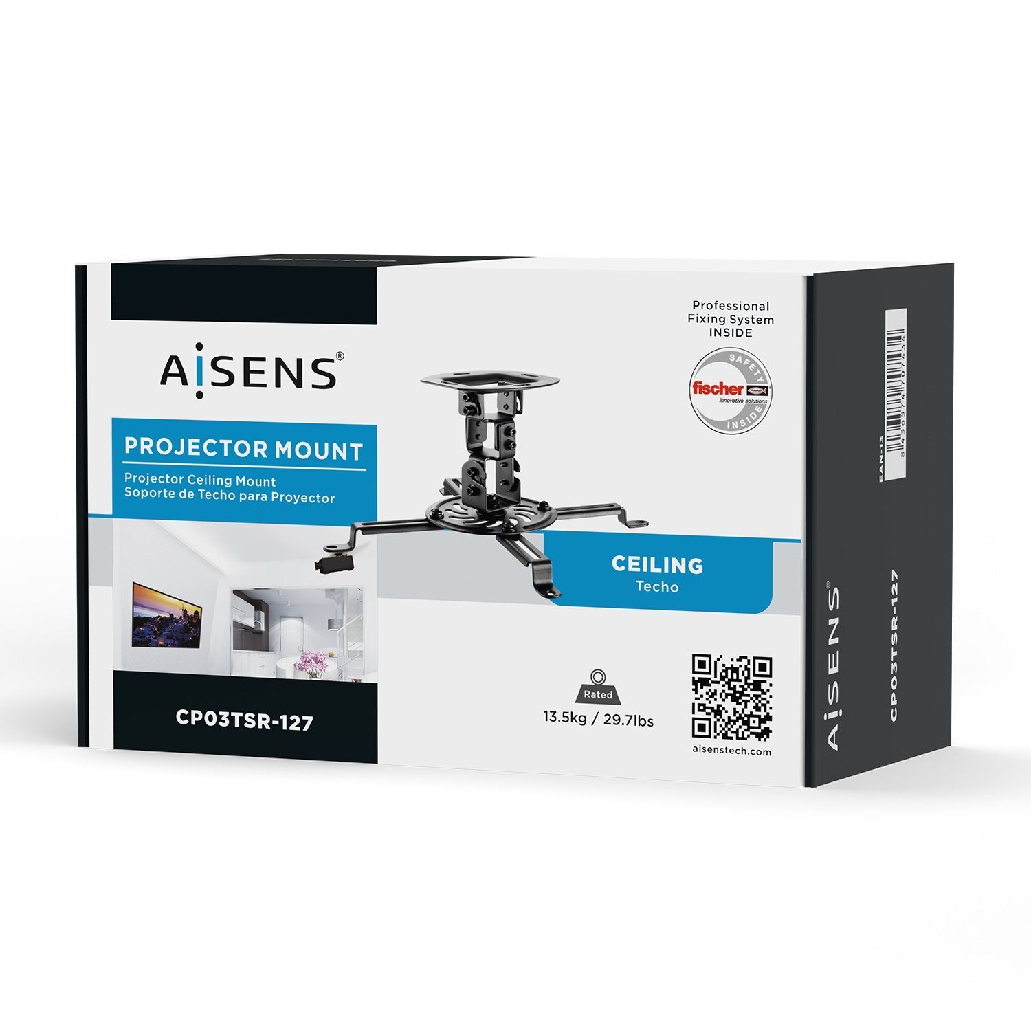 Aisens Soporte Universal Giratorio - Inclinable De Techo Para Proyector - Hasta 13.5kg - Negro
