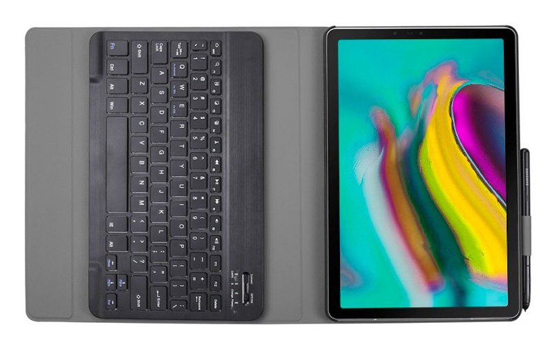Funda Flip Polipiel + Teclado Bluetooth (Español). 
Funda Con Teclado Bluetooth Para Samsung Galaxy Tab S5e T720/T725, Con Cubierta Plegable, Cierre Magnético Y Suave Interior Para Proteger La Pantalla. La Funda Está Real