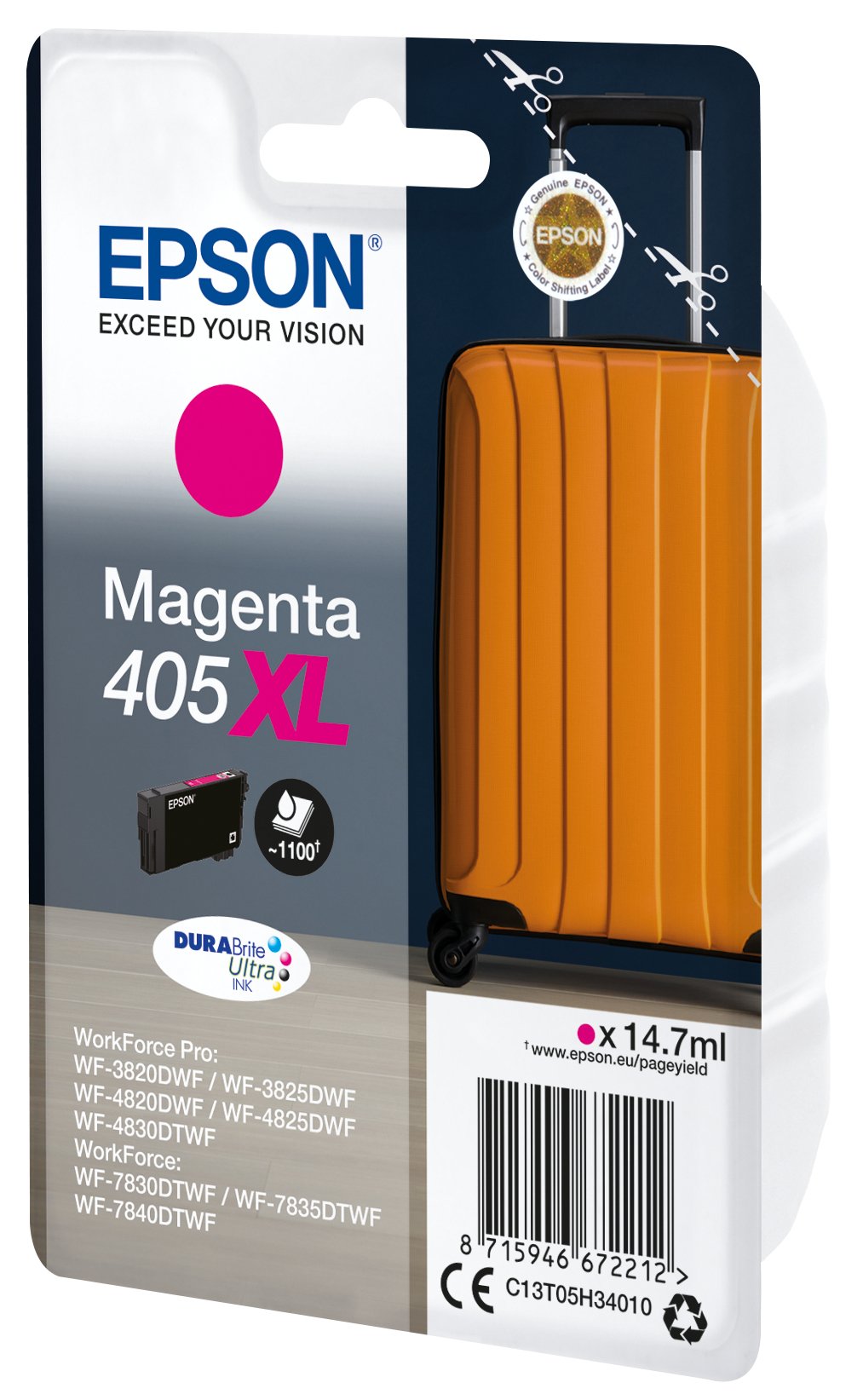 Tinta Epson 405xl 14.7 Ml Xl Magenta Original Blíster Con Alarmas De Rf/Acústica Cartucho De Tinta Para Workforce Wf-7310 7830 7835 7840 Workforce Pro Wf-3820 3825 4820 4825 4830