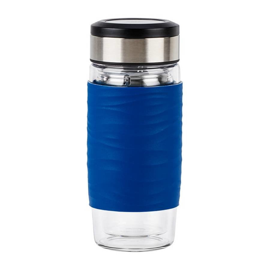 Emsa Tea Mug 420 Ml Transparente, Termo Azul/Transparente, Transparente, Vidrio, Silicona, Acero Inoxidable, China, 420 Ml, 82 Mm
