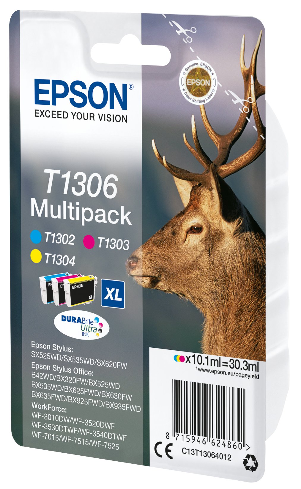 Epson T1306 Cartucho D Tinta Tricolor Très Alta Capacidad 3 X 10.1ml 3-Pack Rf-Am Blister Durabrite Ultra Ink