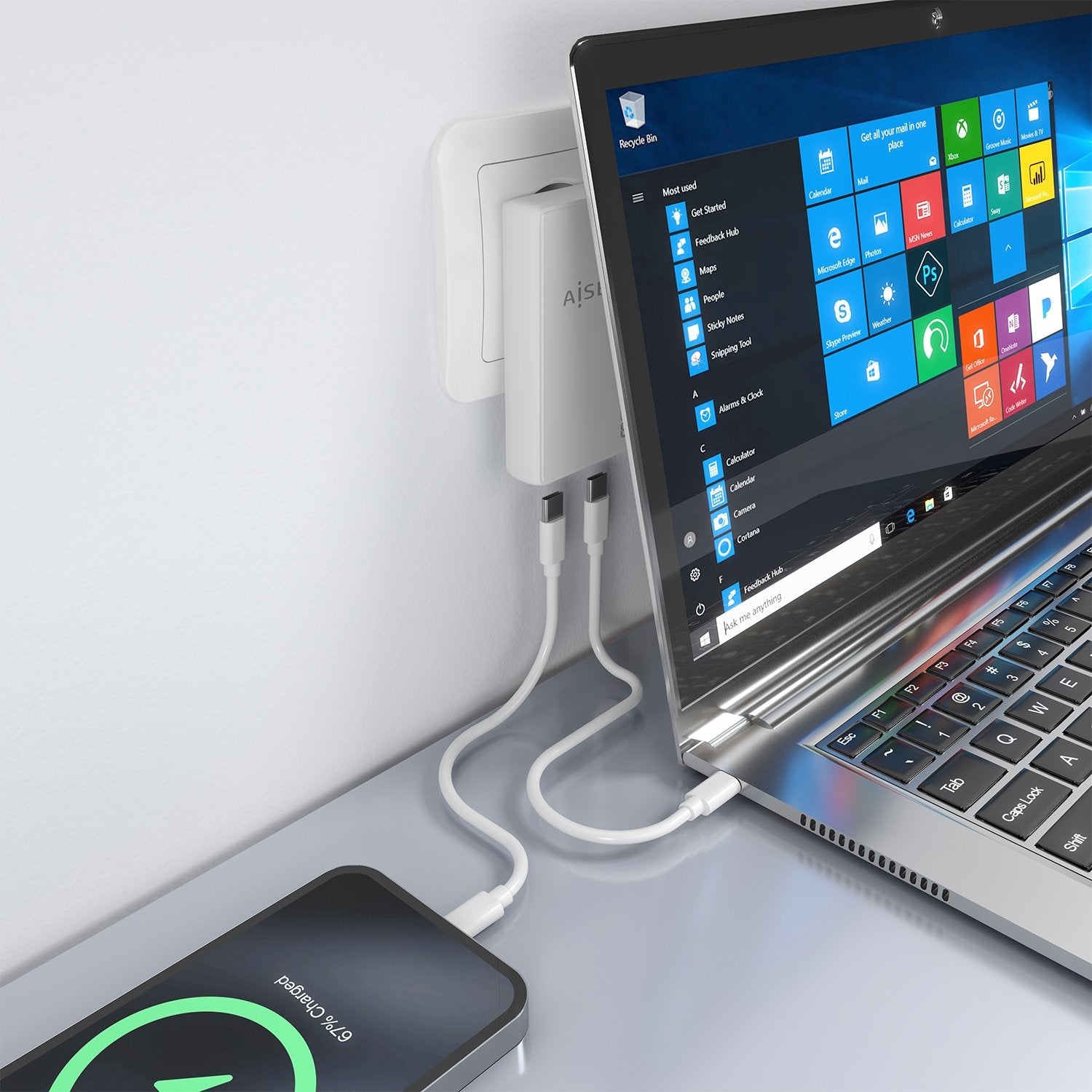 Aisens Cargador De Pared Gan Ultra Delgado 65w, 2xusb-C Pd3.0 Qc4.0, Blanco