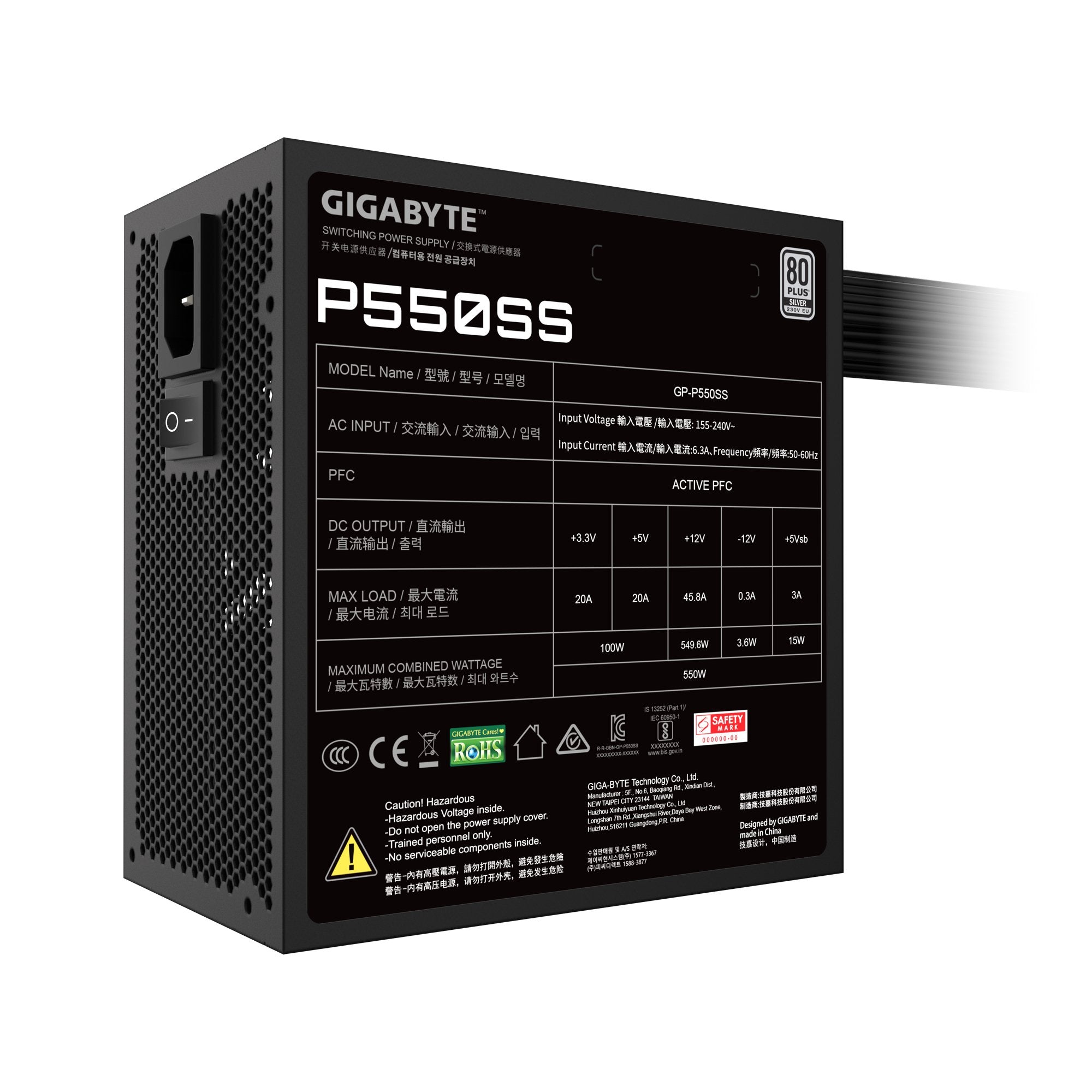 Fuente De Alimentación Gigabyte 550 Watts Eficiencia 80 Plus Silver Pfc Activo Mtbf 100000 Horas Gp-P550ss