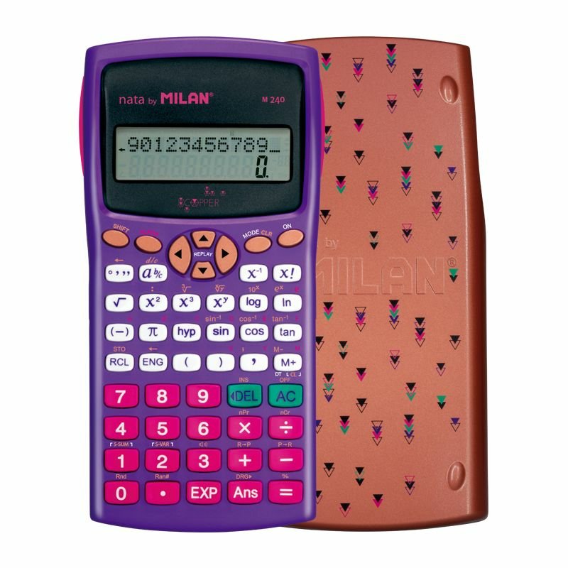 Milan M240 Calculadora Cientifica Copper 10+2 Digitos - Pantalla De 2 Lineas - 240 Funciones Integradas Incluyendo 124 Cientificas - Carcasa Protectora Estampada - Color Violeta