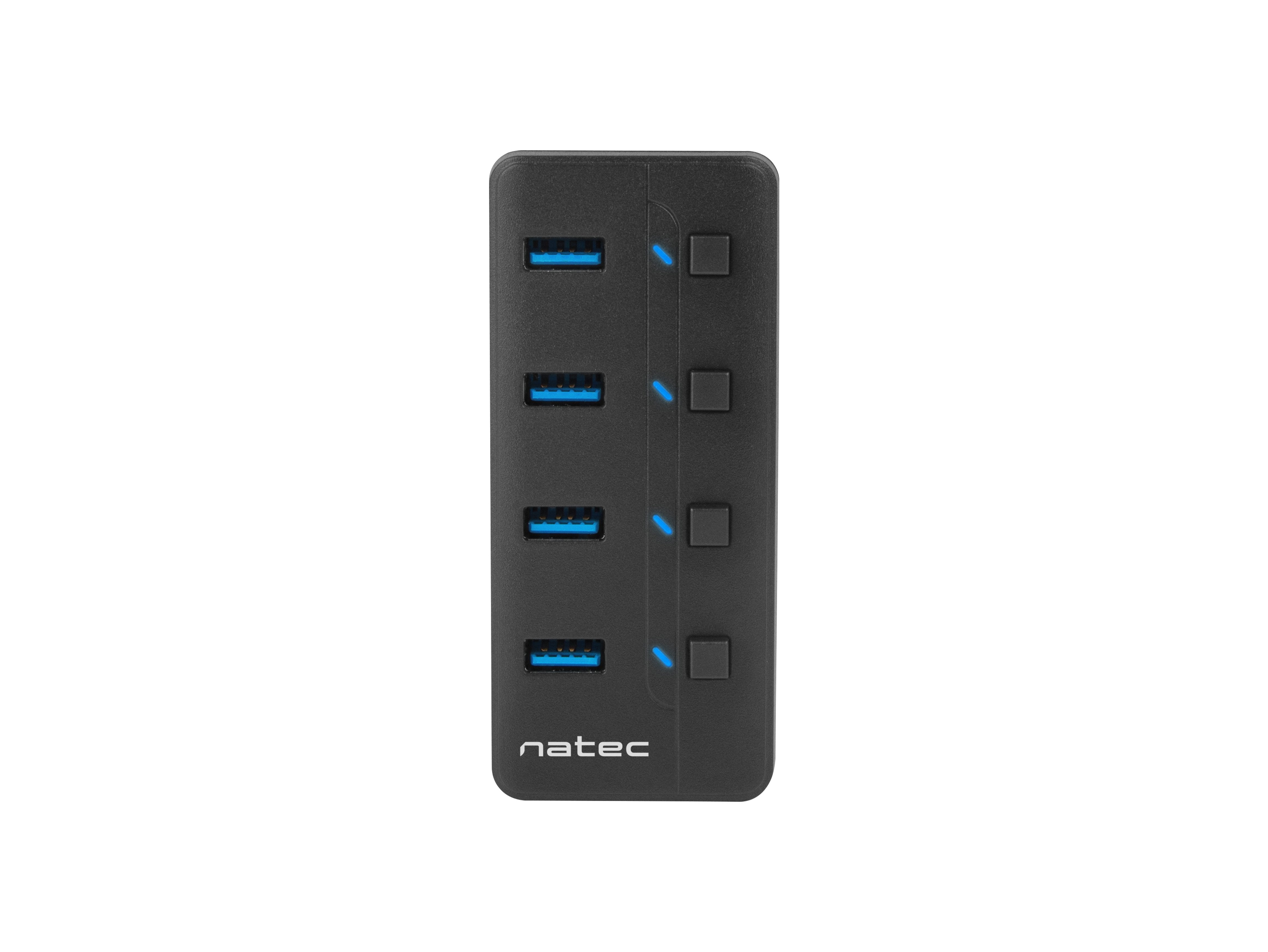 Natec Hub Usb 3.0 Mantis2, 4-Ports On/Off With Ac Adapter, Black