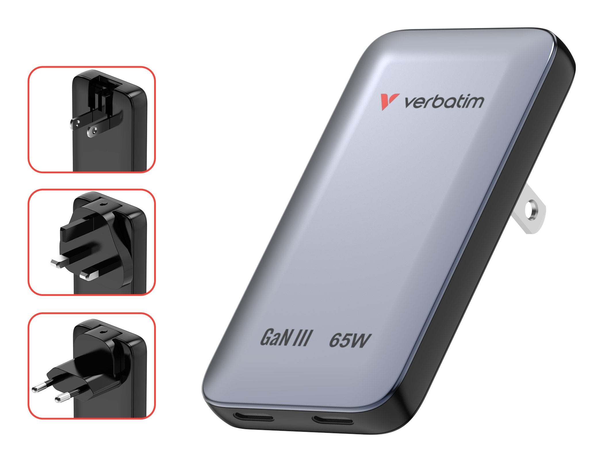 Verbatim Slim Gan Charger 2 Port 65w Eu Uk Us Gris