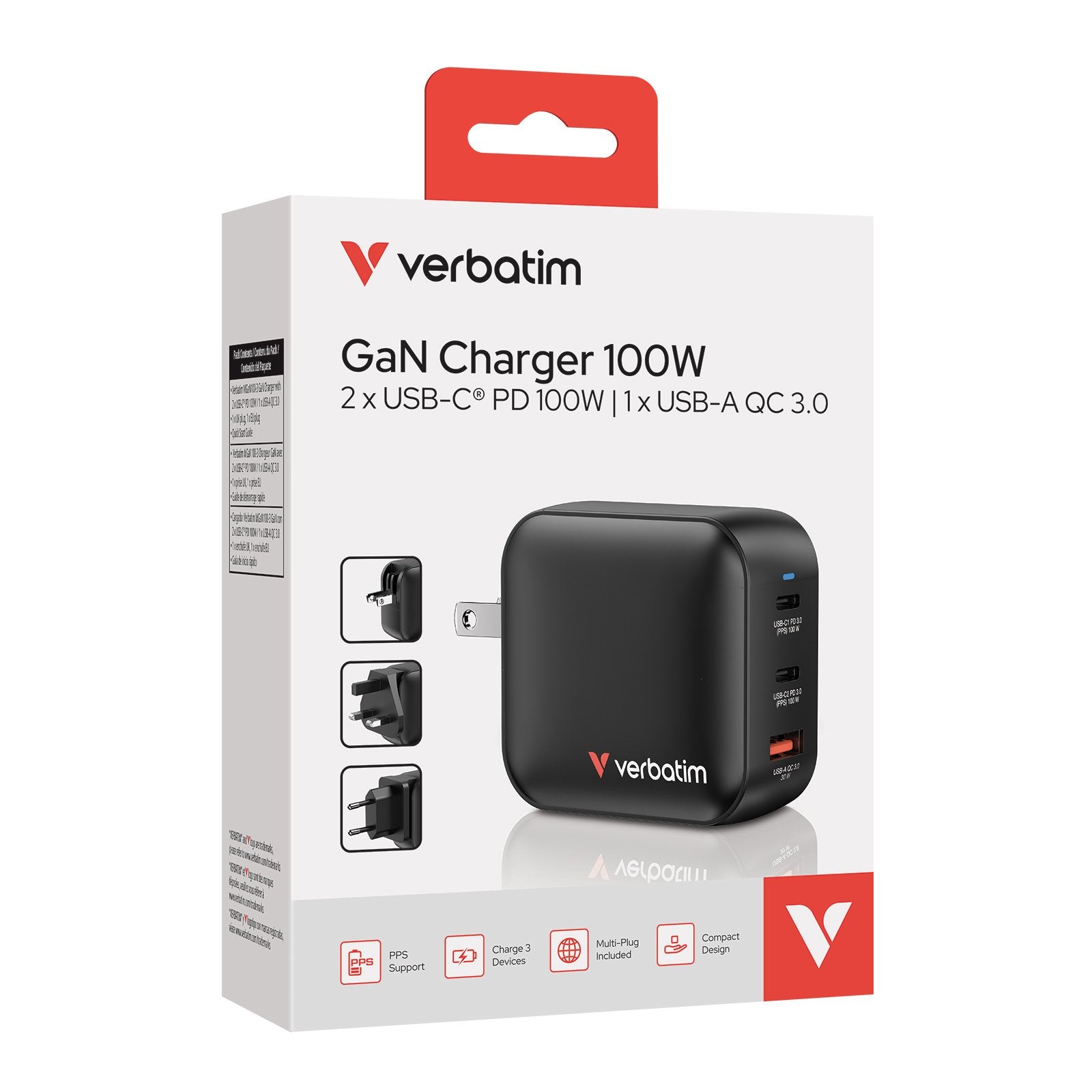 Verbatim Mini Gan Charger 100w 3port Us/Eu/Uk Adp         32230