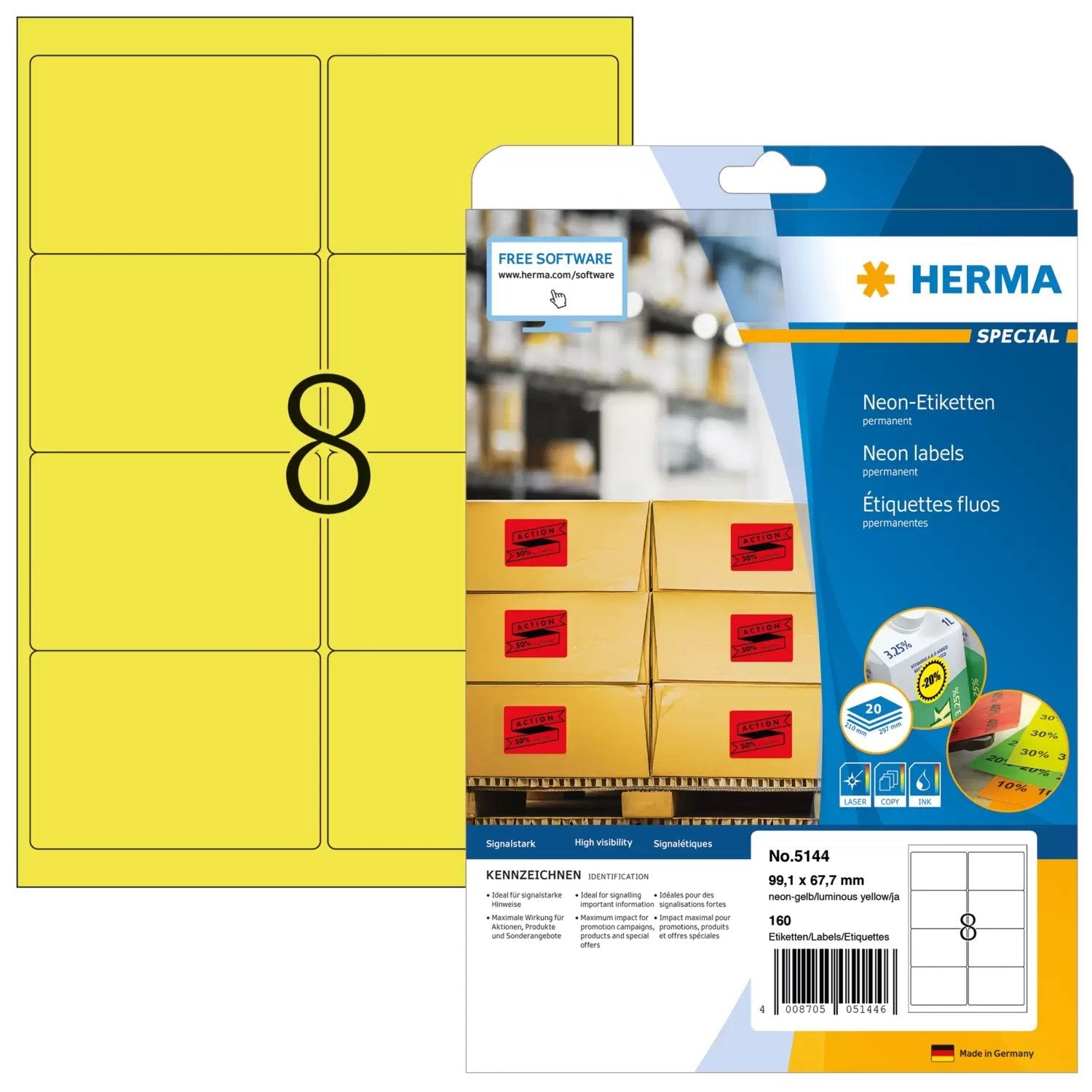 EAN 4008705051446 - HERMA 5144 etiqueta autoadhesiva Rectángulo redondeado Permanente Amarillo 160 pieza(s) imagen 1