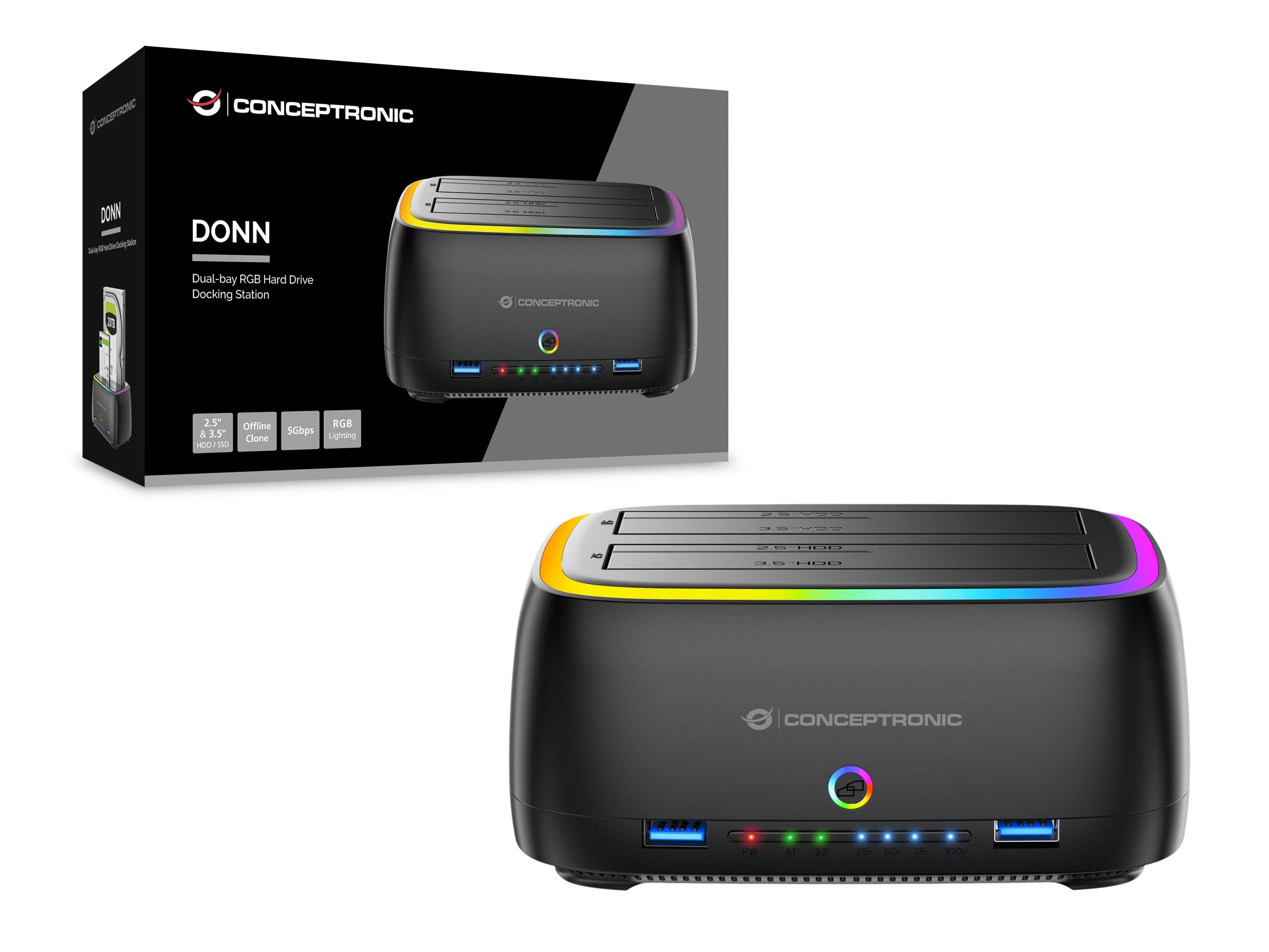 Docking Conceptronic Donn36b Usb-C Rgb Doble Bahia Sata Hdd Ssd 2.5" 3.5" Clonado Offline 2xusb-A Sd