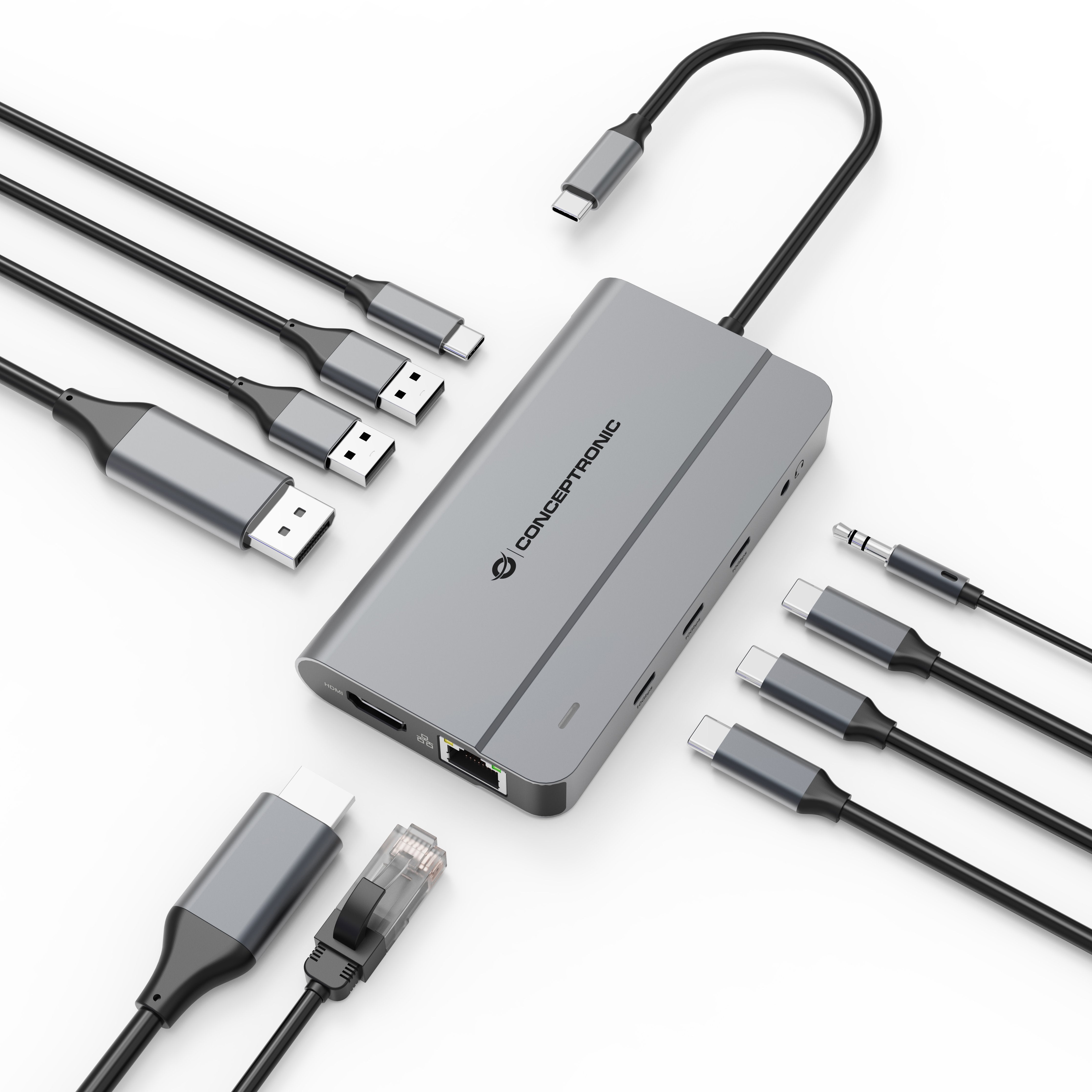 Docking Usb-C Conceptronic Donn34g 1xhdmi 1xvga 1xrj45 2xusb-A 2xusb-C Lector Tarjetas Audio Pd100w