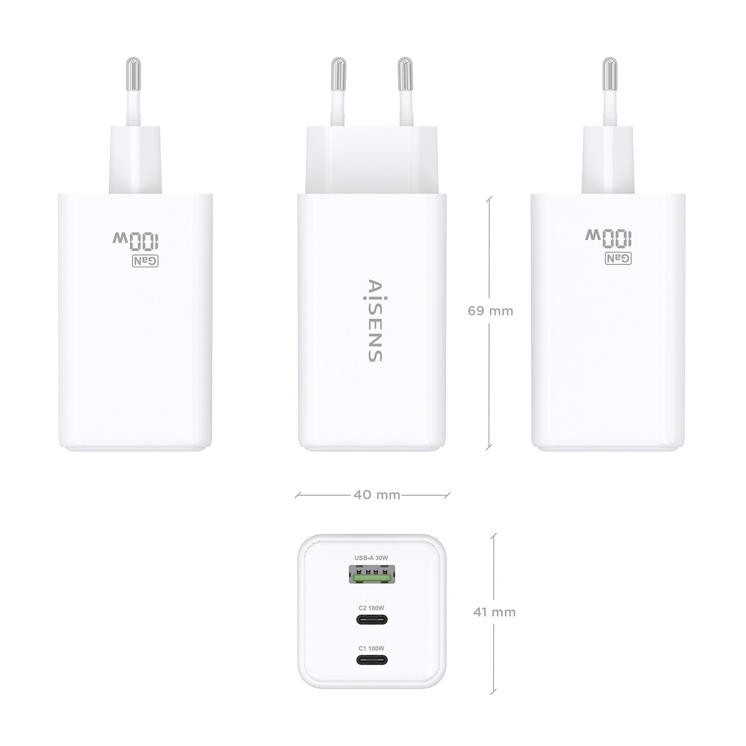 Aisens Cargador Gan 100w, 2xusb-C Pd3.0 Qc4.0 Qc5.0, 1xusb-A Qc3.0, Blanco