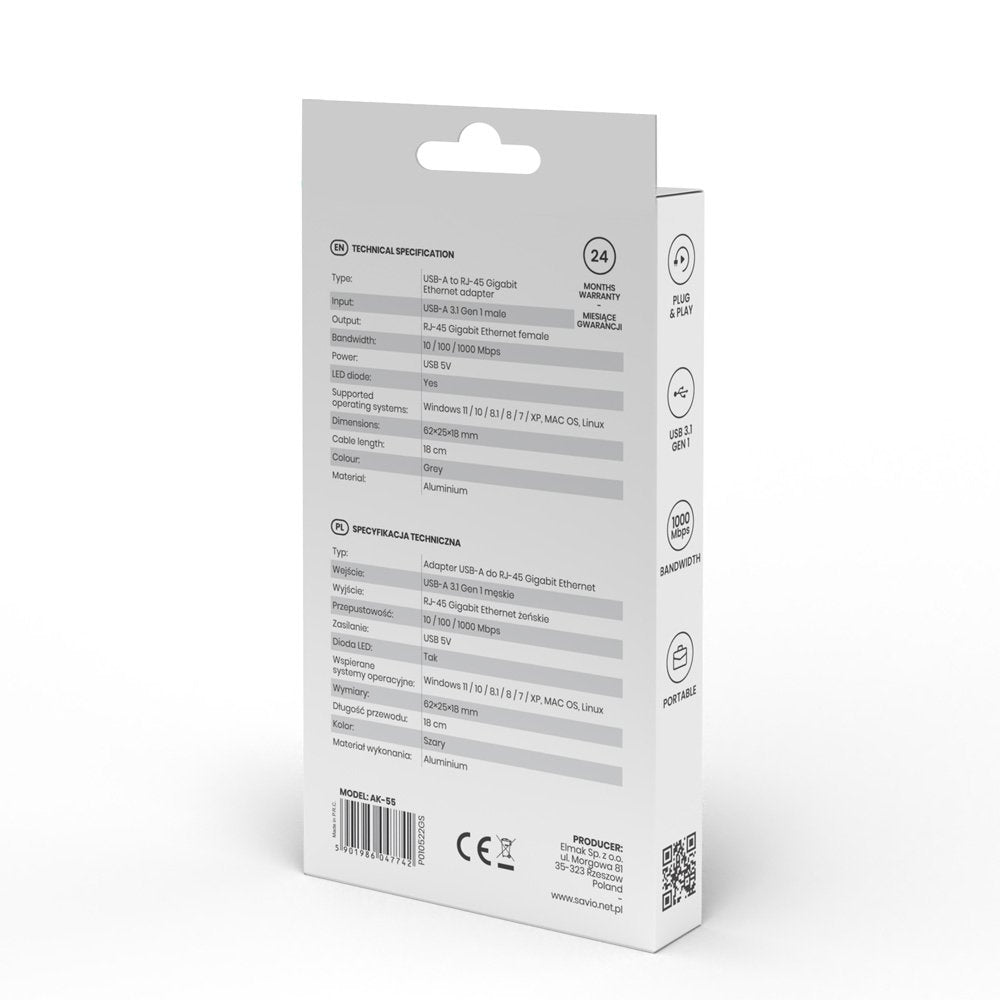 Savio Ak-55 Adapter Usb-A 3.1 Gen 1 Do Rj-45 Gigabit Ethernet