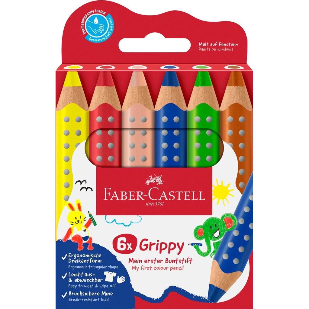 Faber-Castell Grippy Pack Con 6 Lapices De Colores Gruesos Mina Xxl Suave - Forma Triangular Con Grip - Colores Surtidos