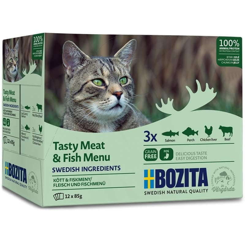 Bozita Comida Húmeda Para Canapés En Gelatina Con Pescado Y Carne, 12 X 85 G, Bolsa De Porciones Sin Cereales Y Sin Trigo Para Gatos, Alimento Húmedo Para Gatos Adultos Con 8,5% De Proteína Y 4,5% De