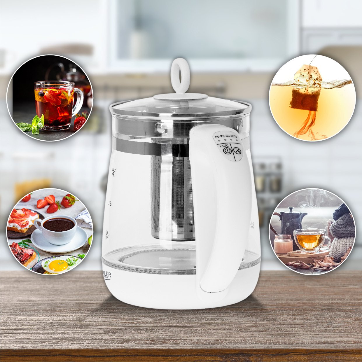 Adler Kettle Ad 1299 Elã©Ctrico, 2200 W, 1,5 L, Vidrio/Acero Inoxidable, Base Giratoria De 360â°, Blanco