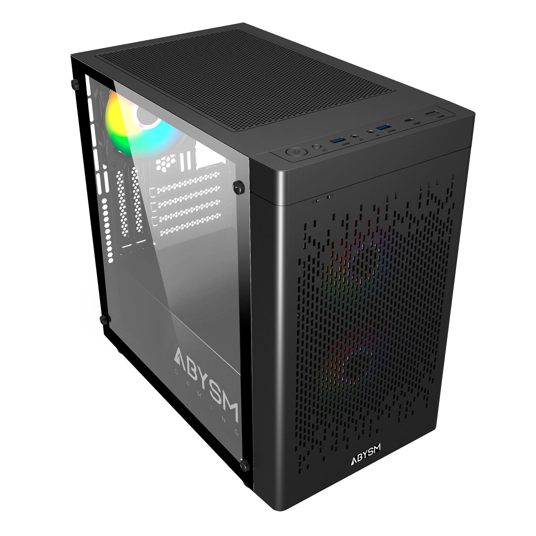 Abysm Danube Inva Mx202 Caja Torre Itx, Micro Atx - Lateral Cristal Templado - 3.5" Y 2.5" - Usb-A, Usb-C Y Audio - 3 Ventiladores Argb Instalado - Soporta Refrigeracion Liquida