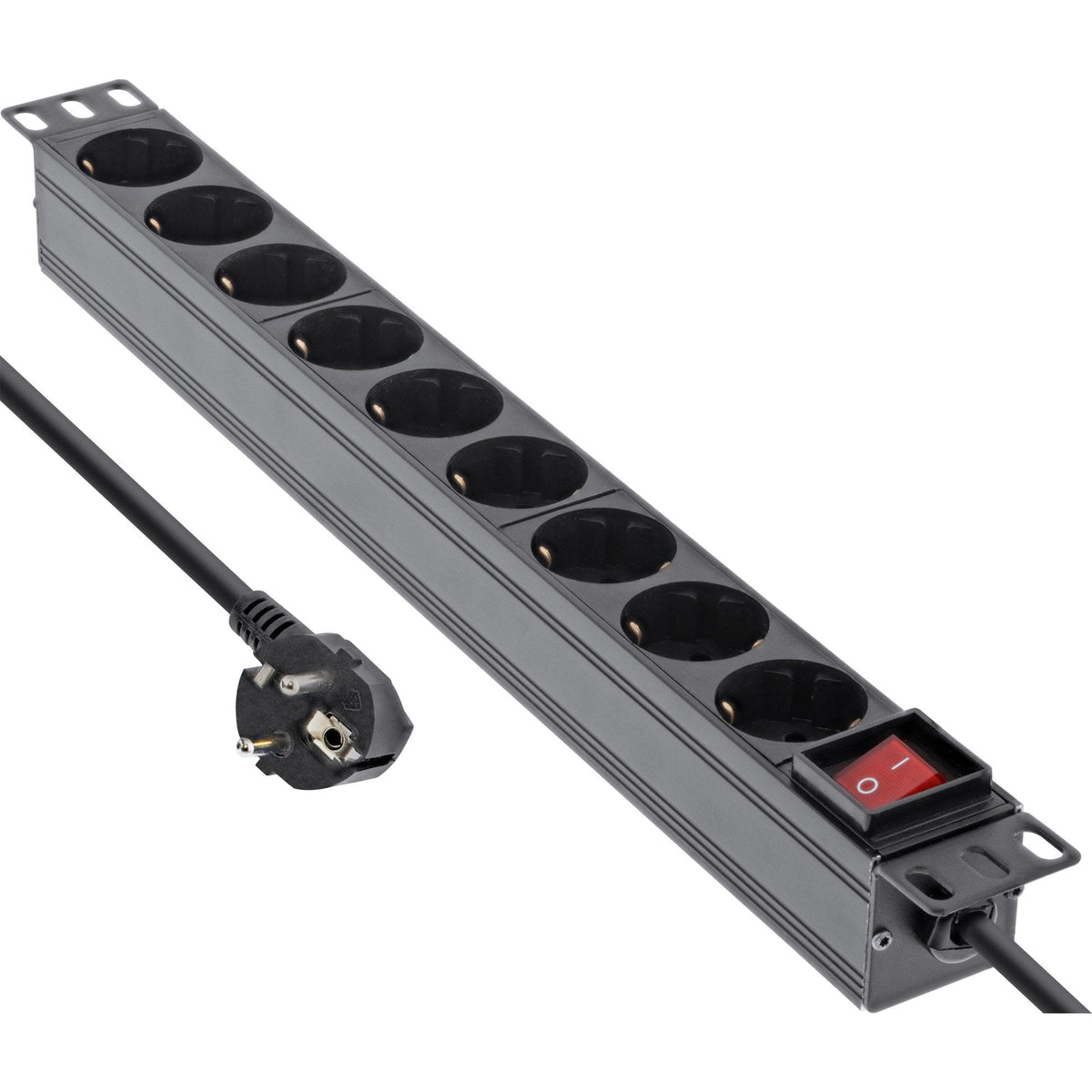 Regleta Inline De 19", Contacto De Protección De 9 Contactos, Con Interruptor, 2 M, Negro