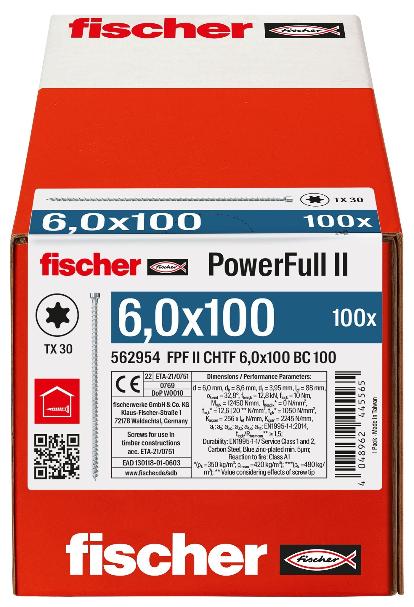 Tornillo De Construcción Para Madera Fischer Powerfull Ii 6,0x100 Zk Tx Vg 100 Piezas, Rosca Completa, Galvanizado 562954